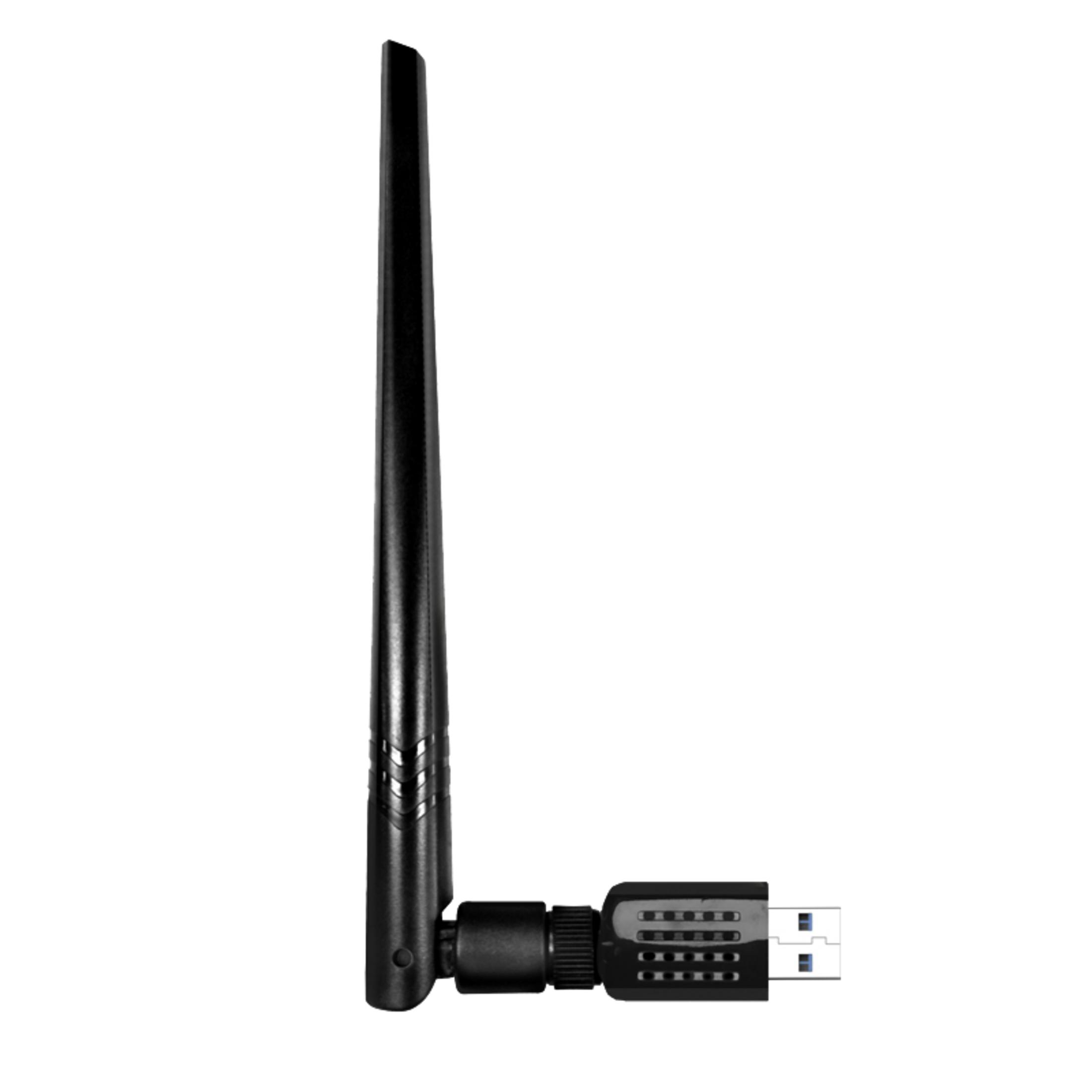 Schwarzer WLAN-Adapter mit USB-Anschluss und Antenne.