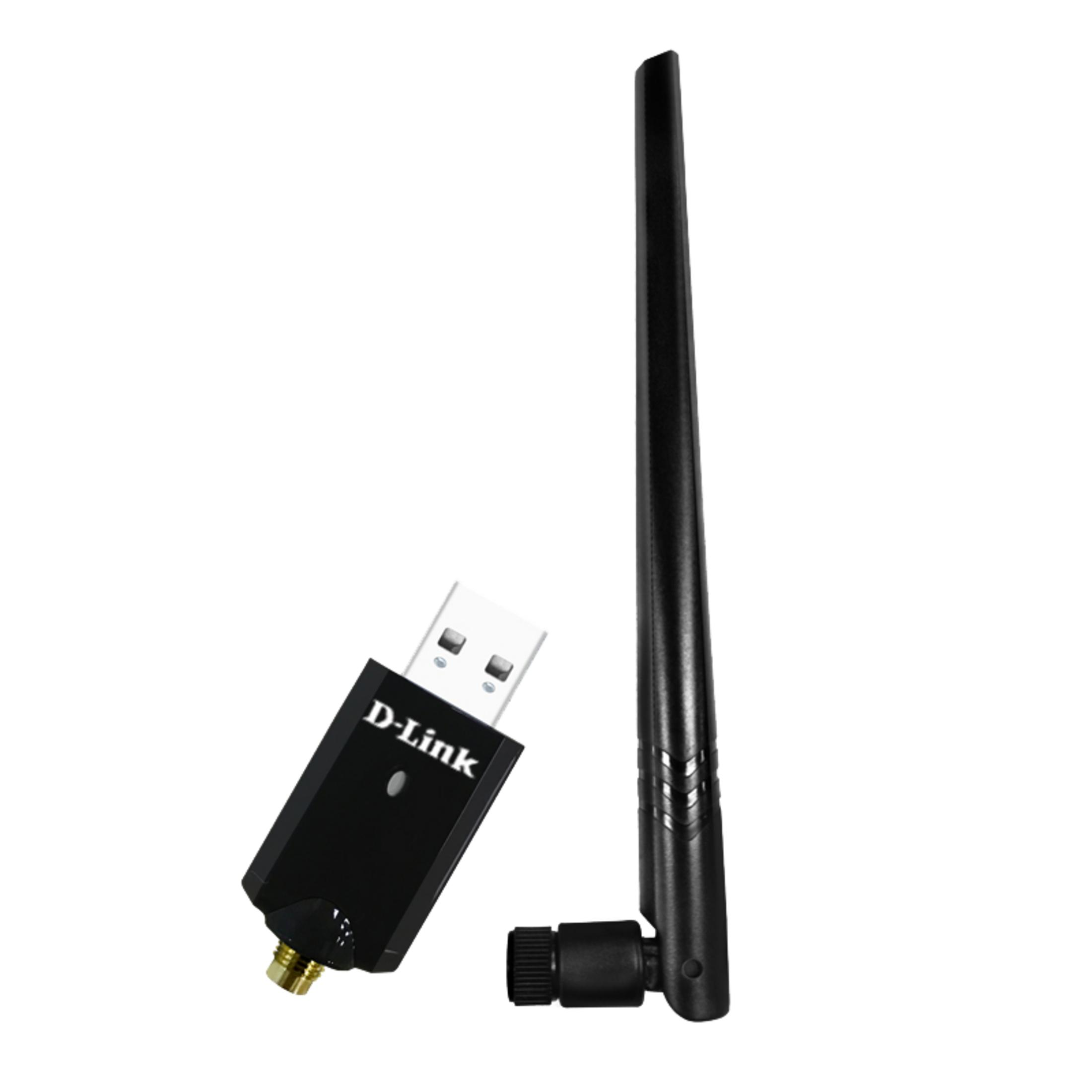 Ein schwarzer D-Link USB-WLAN-Adapter mit Antenne auf weißem Hintergrund.