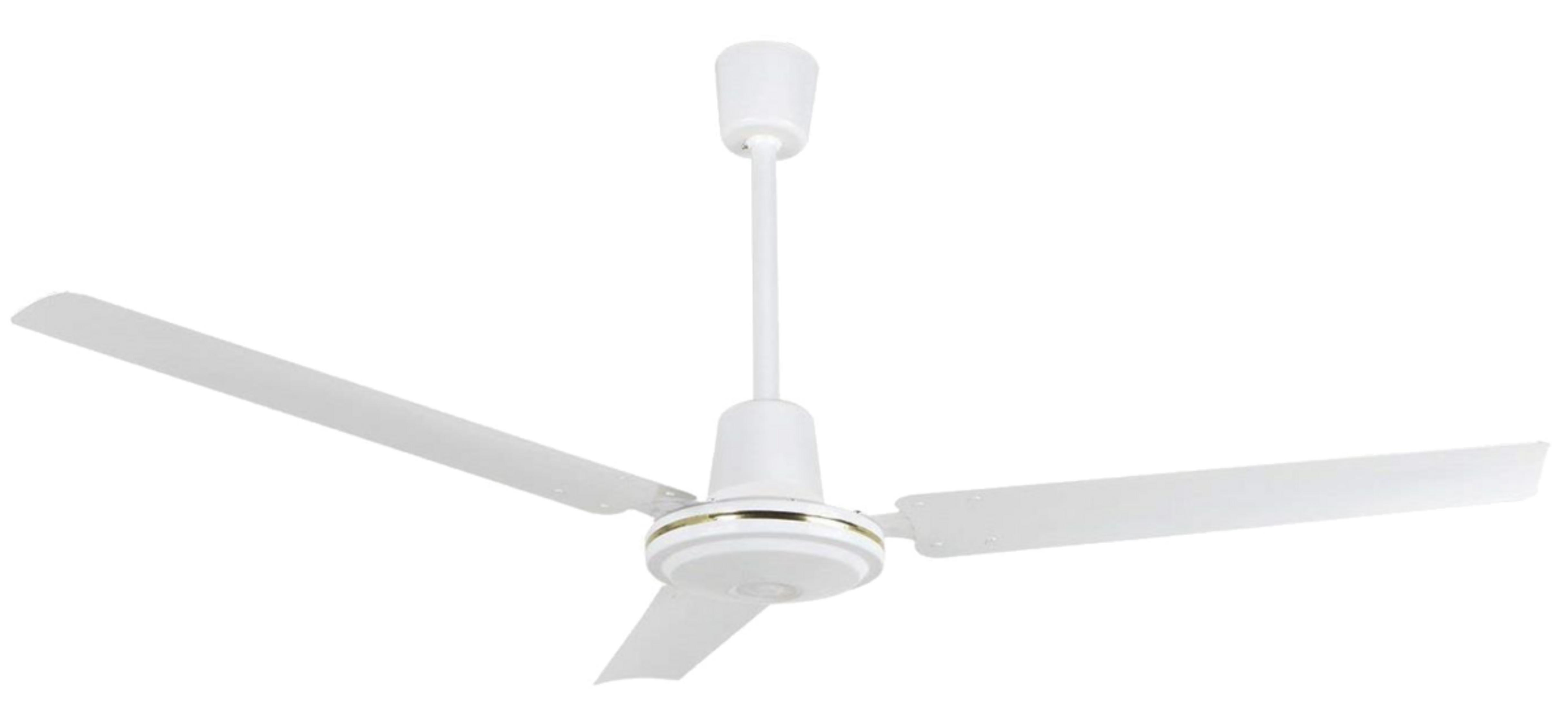 Un ventilatore da soffitto bianco con tre pale e un anello dorato.