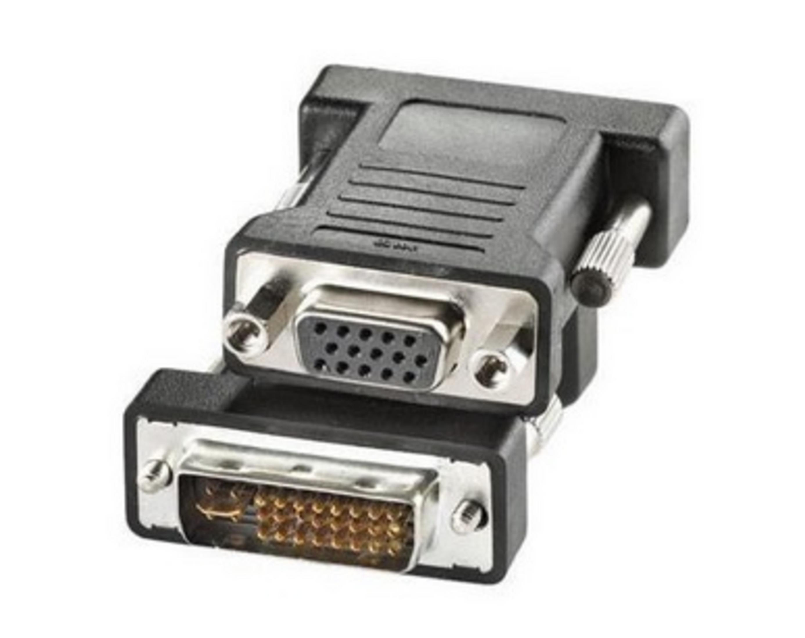 Un adattatore VGA a DVI nero con viti e pin.