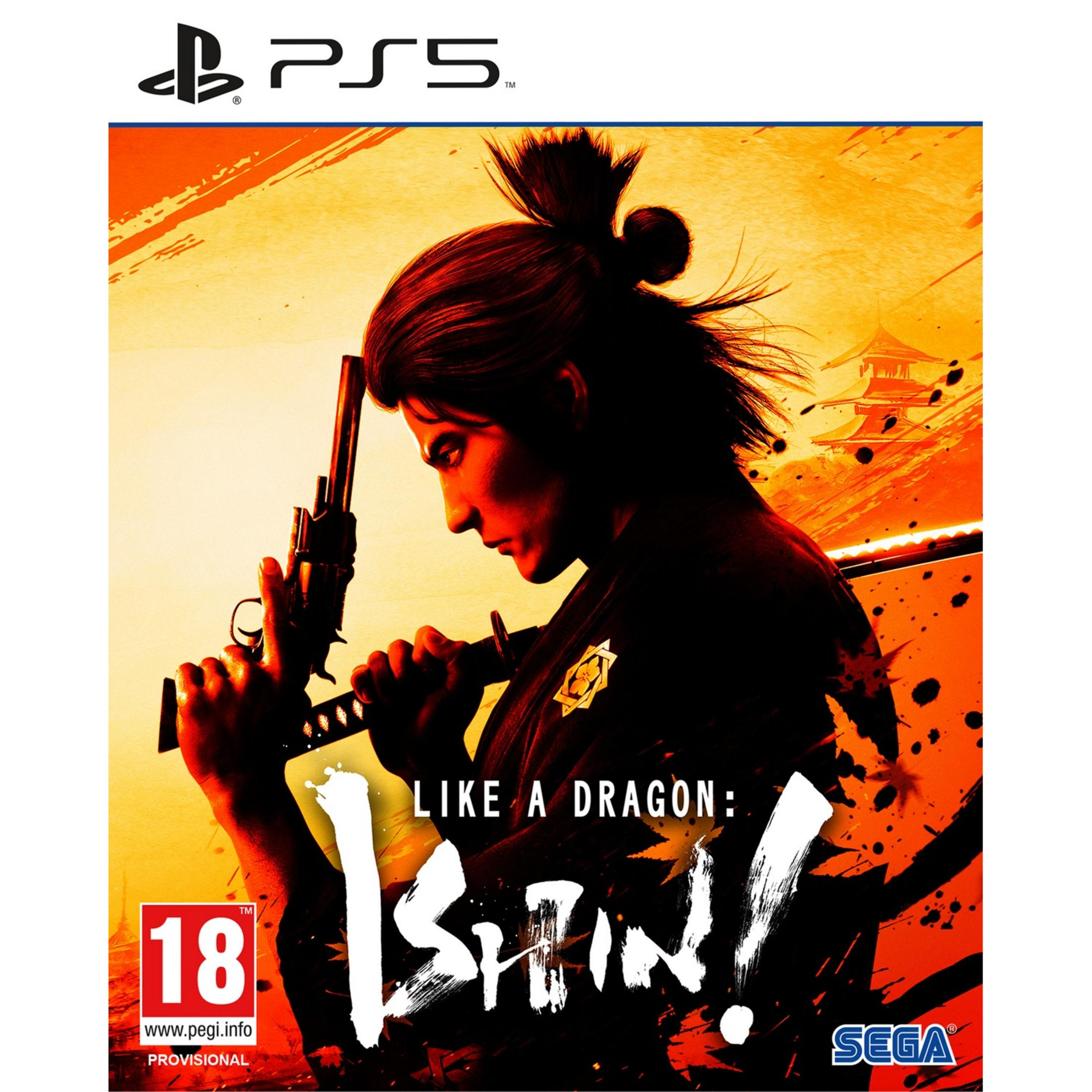 Portada PS5: Hombre con espada y pistola, título 'Like a Dragon: Ishin!'