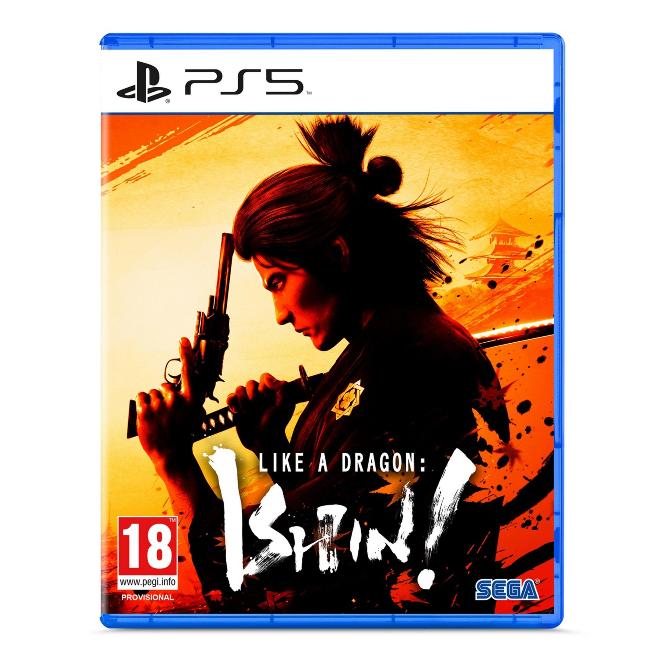 Portada juego PS5: Hombre con pistola y espada, fondo naranja, PEGI 18.