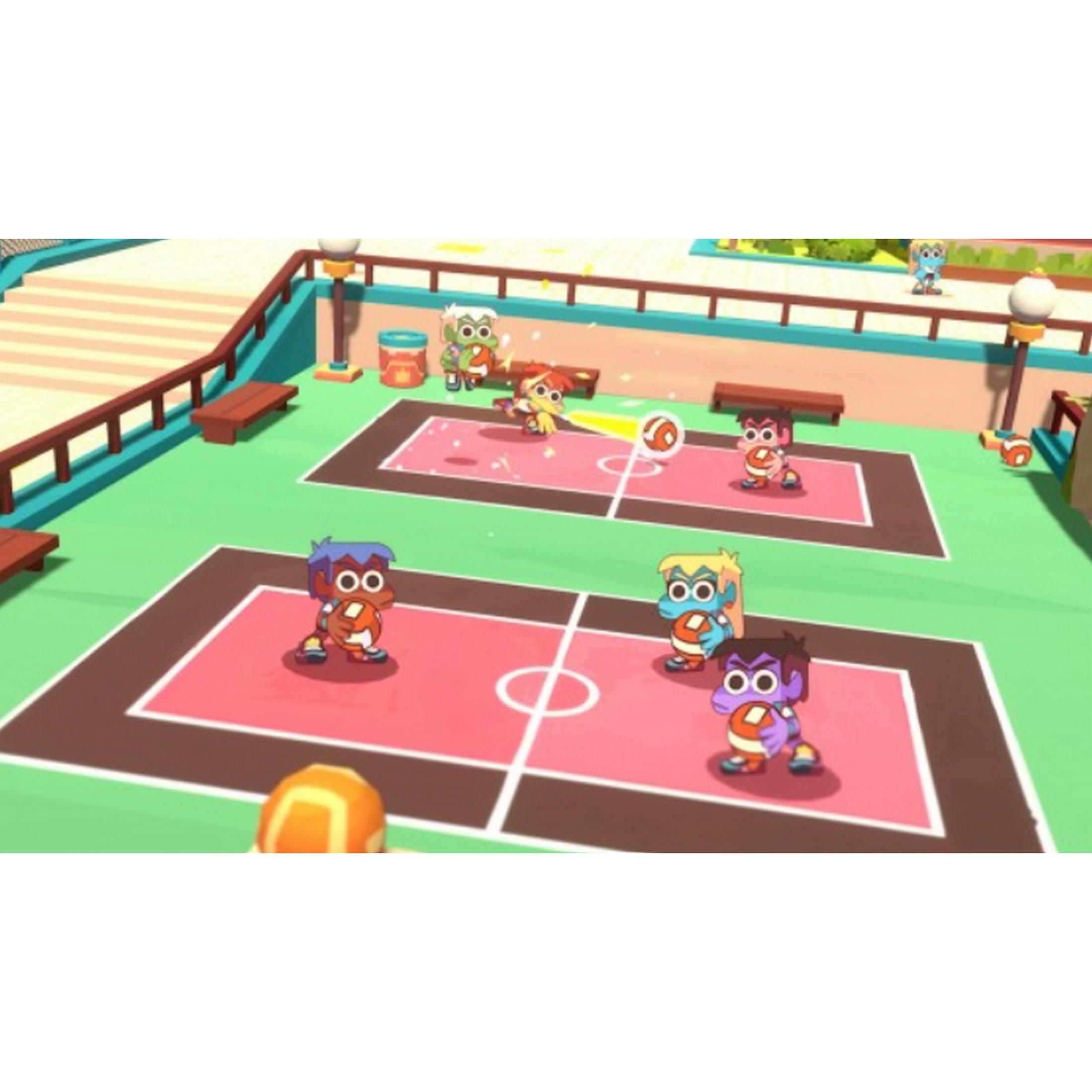 Personaggi dei cartoni animati giocano a palla su campi sportivi con panchine e lampioni.