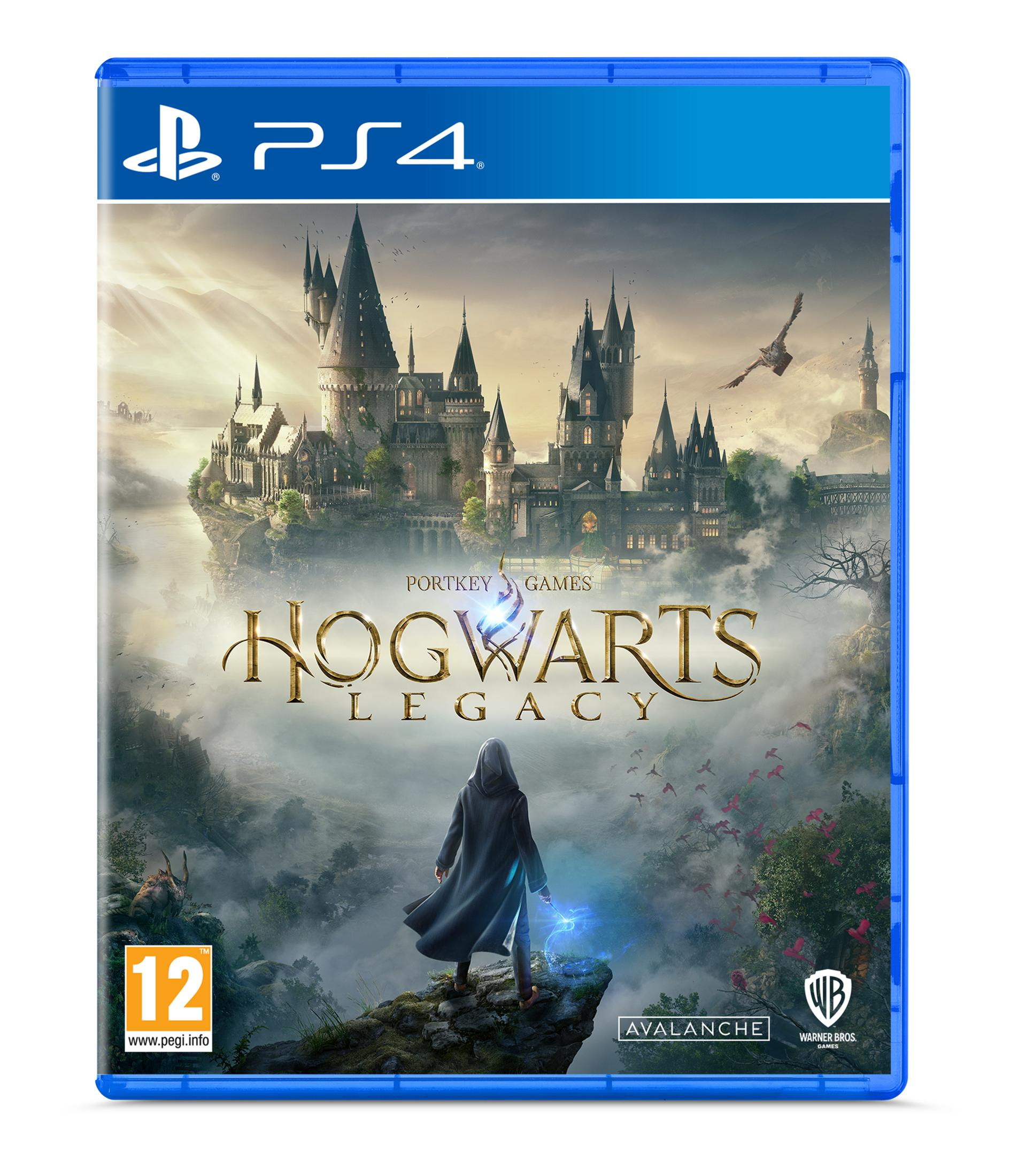 Copertina gioco PS4 Hogwarts Legacy: Una figura su una roccia, con il castello di Hogwarts sullo sfondo.