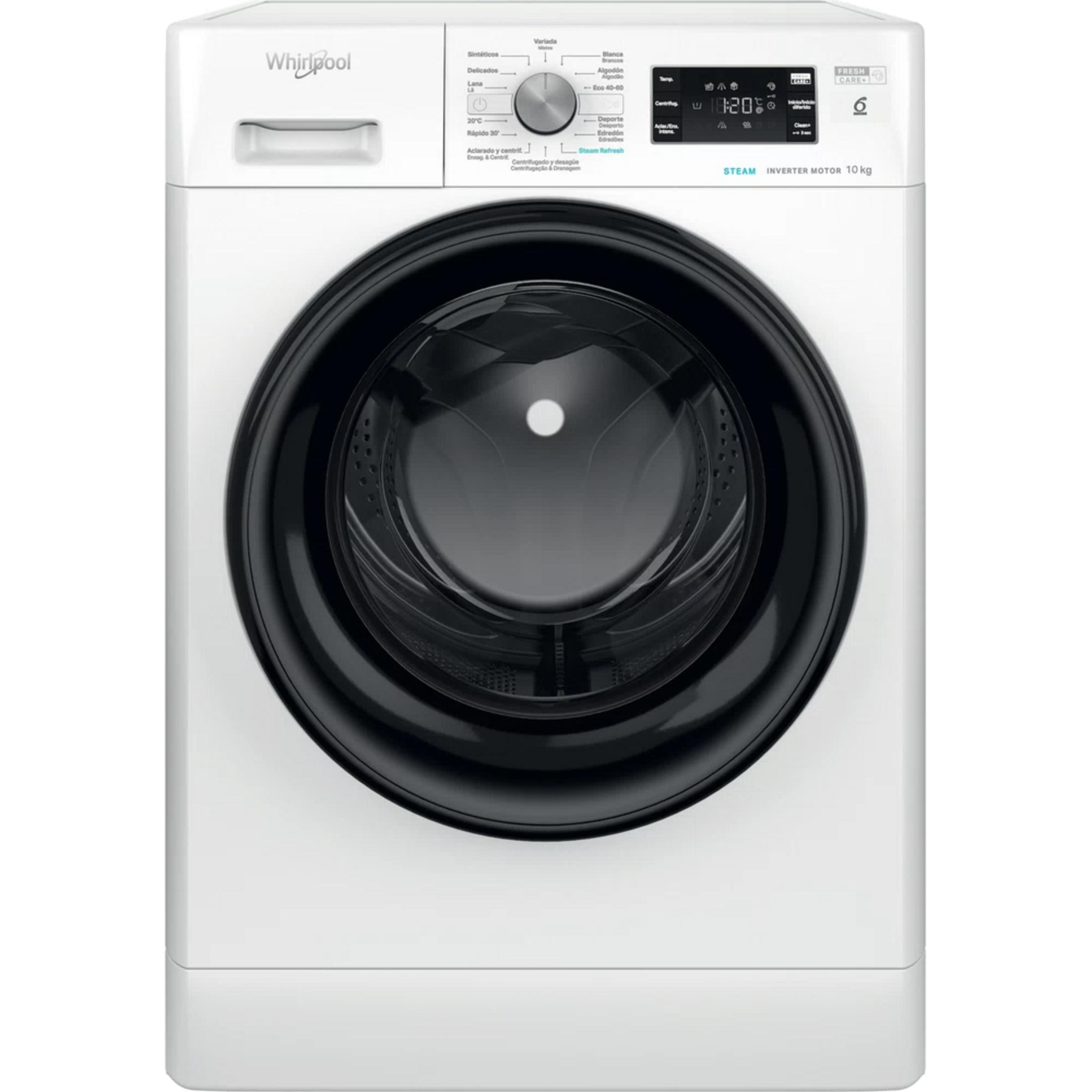 Lavadora Whirlpool blanca con puerta y panel de control negros.