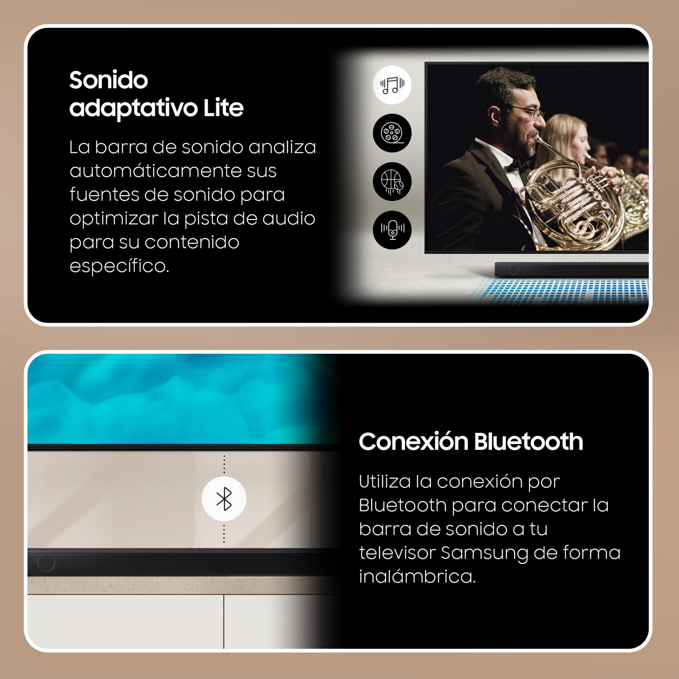 Sonido Adaptativo Lite y conexión Bluetooth para TV Samsung.