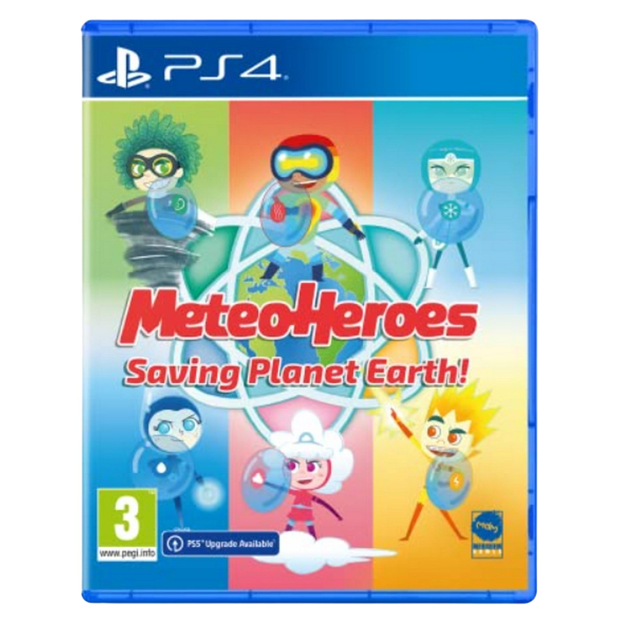 Copertina del gioco MeteoHeroes per PS4 con personaggi dei cartoni animati che salvano il pianeta Terra.