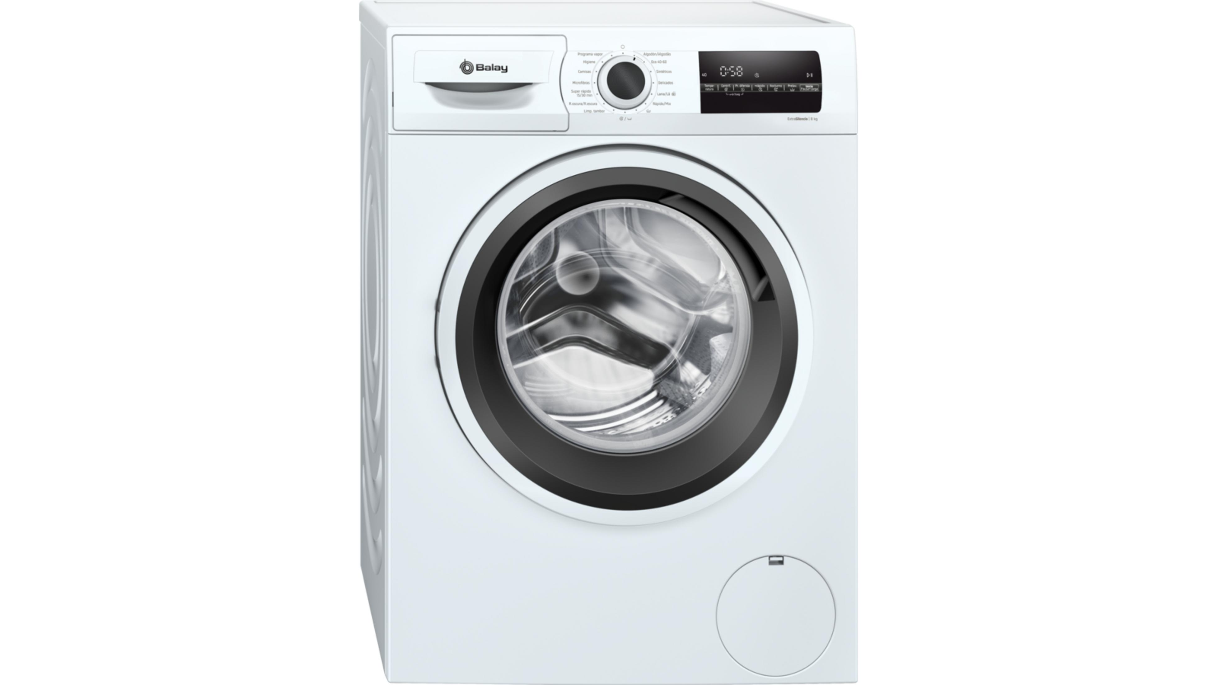 Lavadora blanca con pantalla digital y puerta redonda.