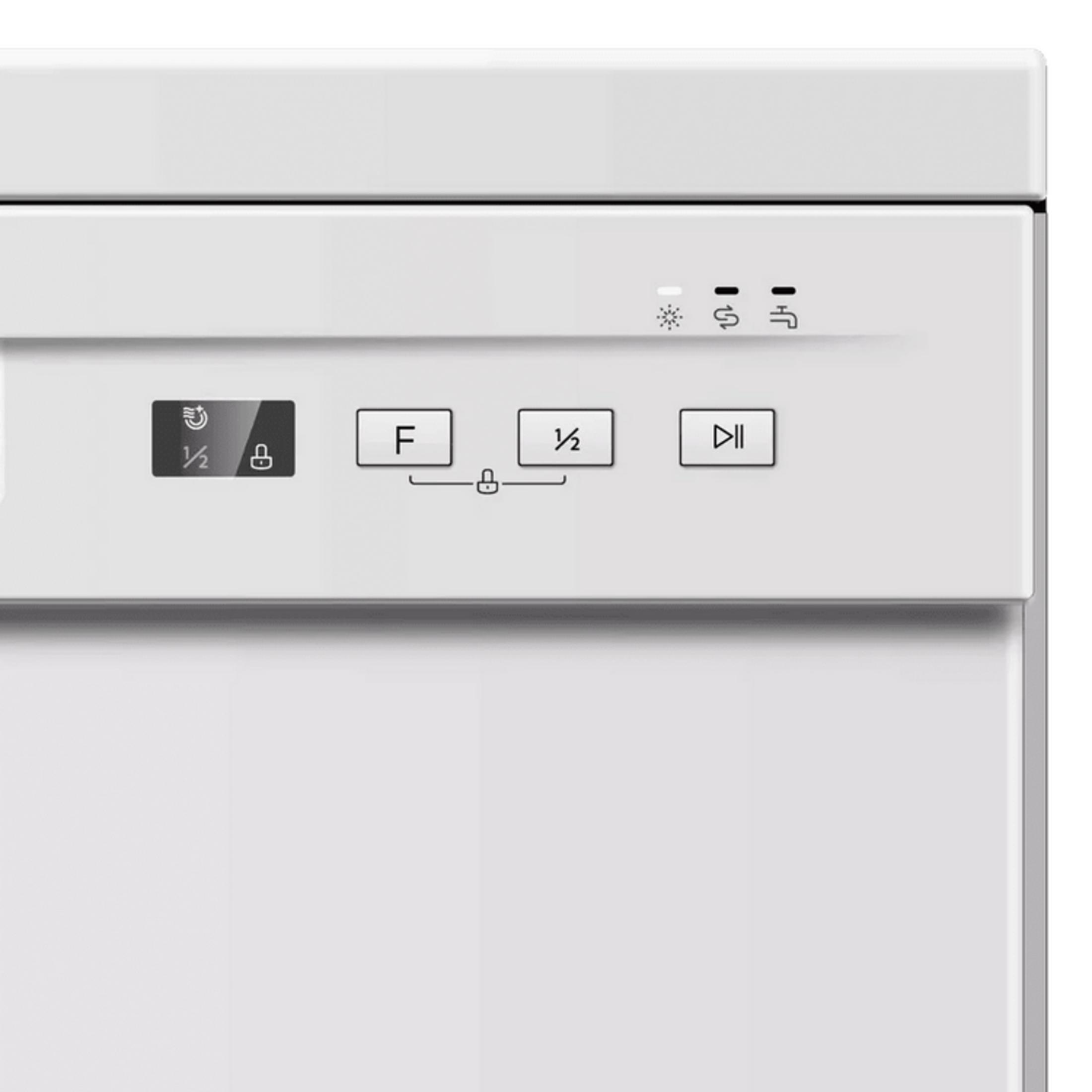 Panel de control blanco con iconos y botones para un lavavajillas.