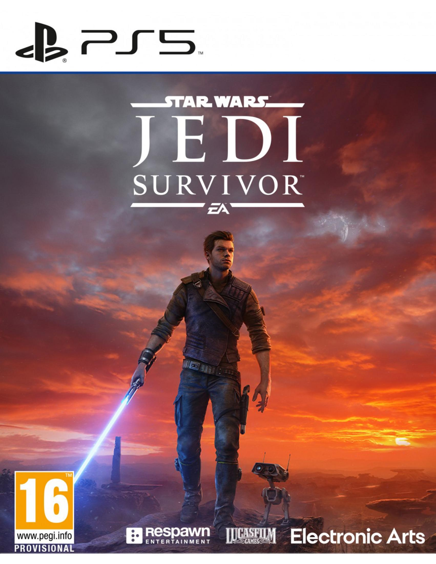 Uomo con spada laser e droide davanti a cielo rosso. Star Wars Jedi Survivor.
