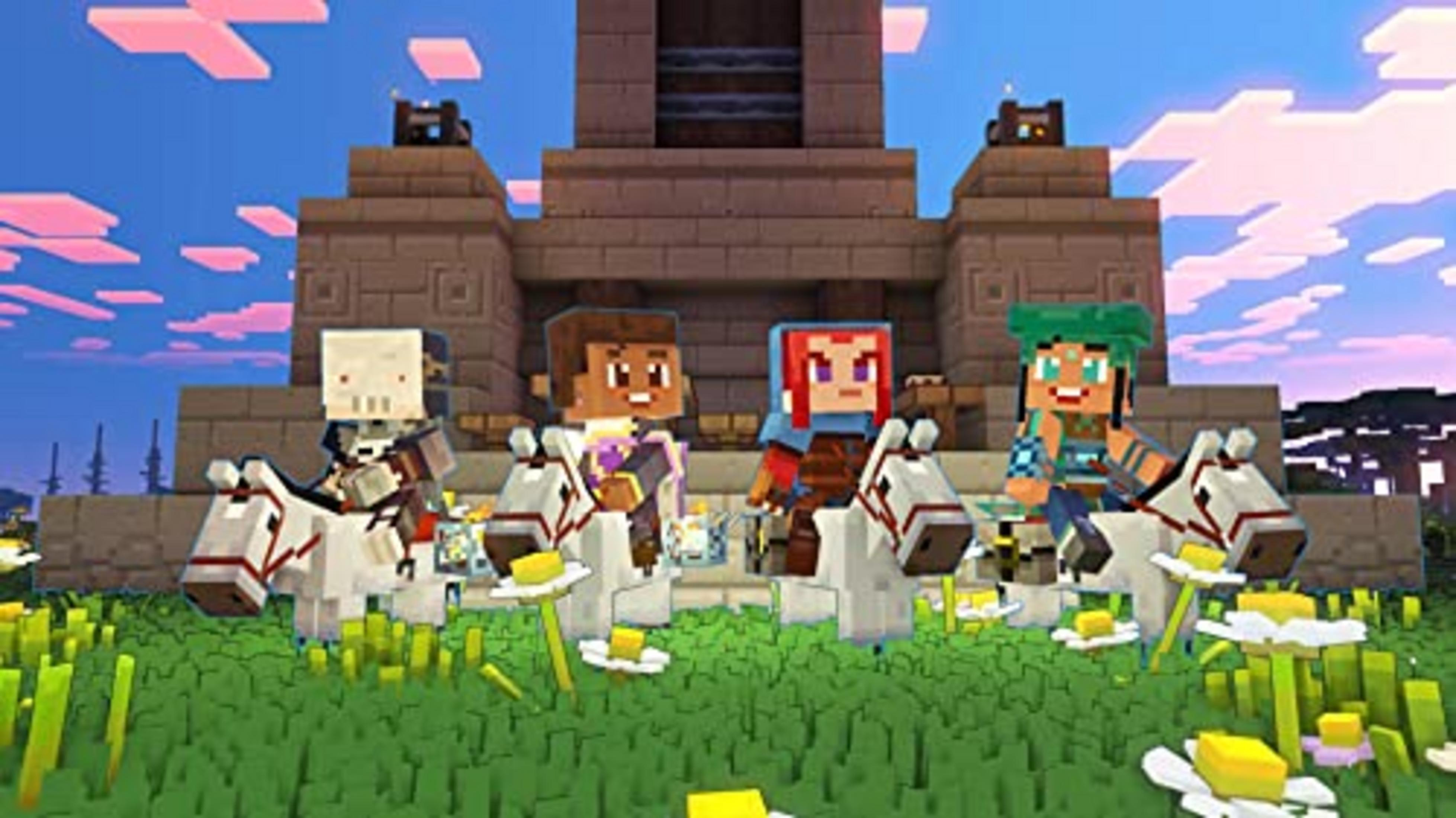 Cuatro personajes pixelados en caballos blancos frente a una estructura de piedra.