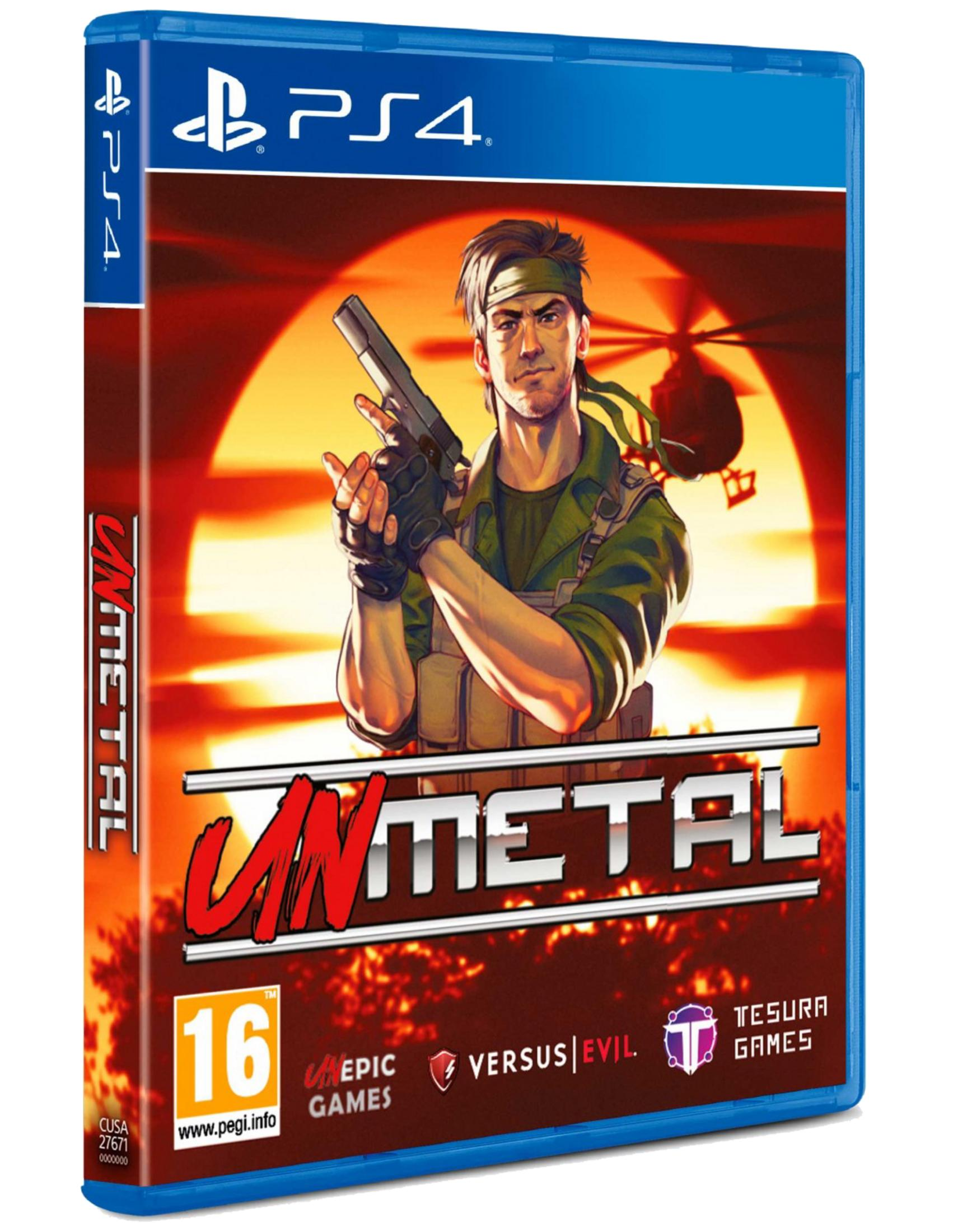 Un hombre con pañuelo sostiene una pistola. Carátula del juego UNMETAL PS4 con fondo naranja.