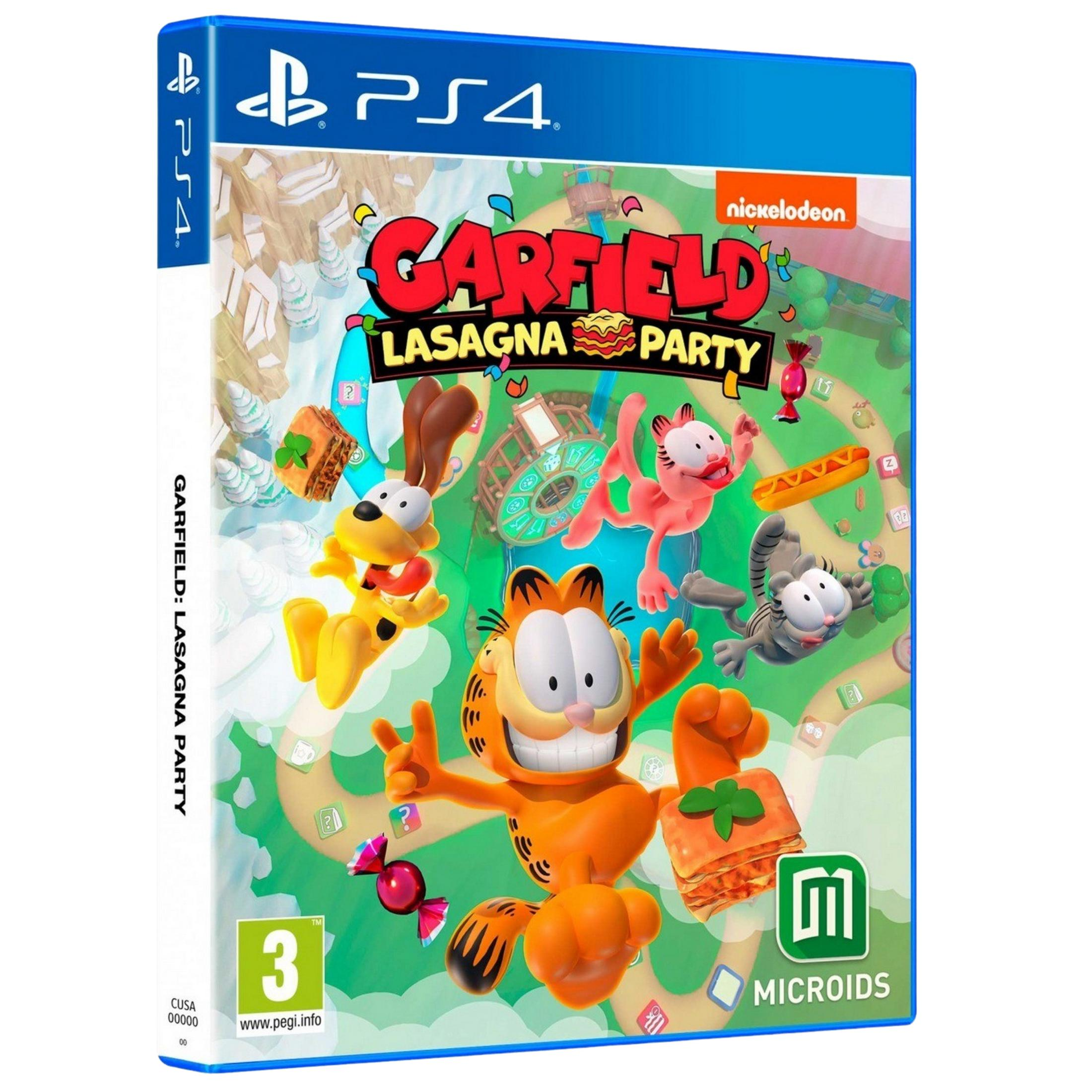 Copertina gioco PS4 Garfield Lasagna Party con Garfield, Odie e Nermal su un percorso da gioco.