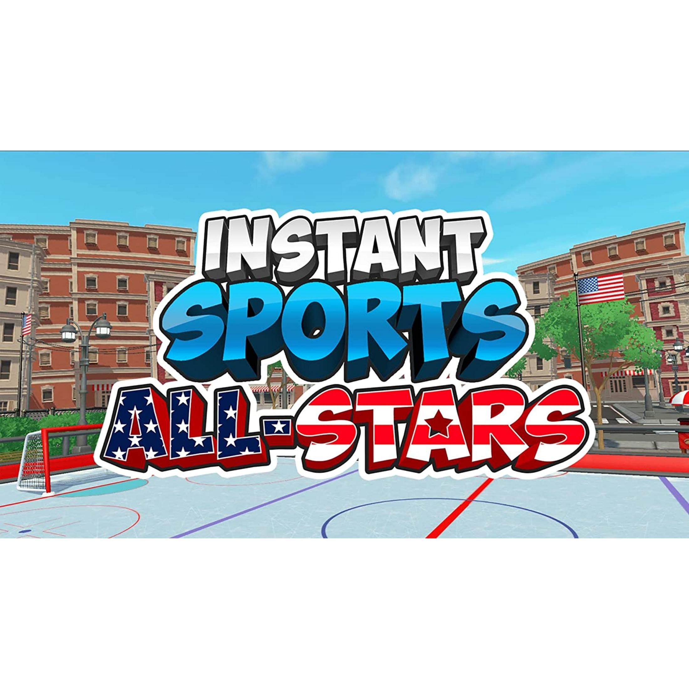 Logo "Instant Sports All-Stars" su ghiaccio con edifici e bandiera sullo sfondo.