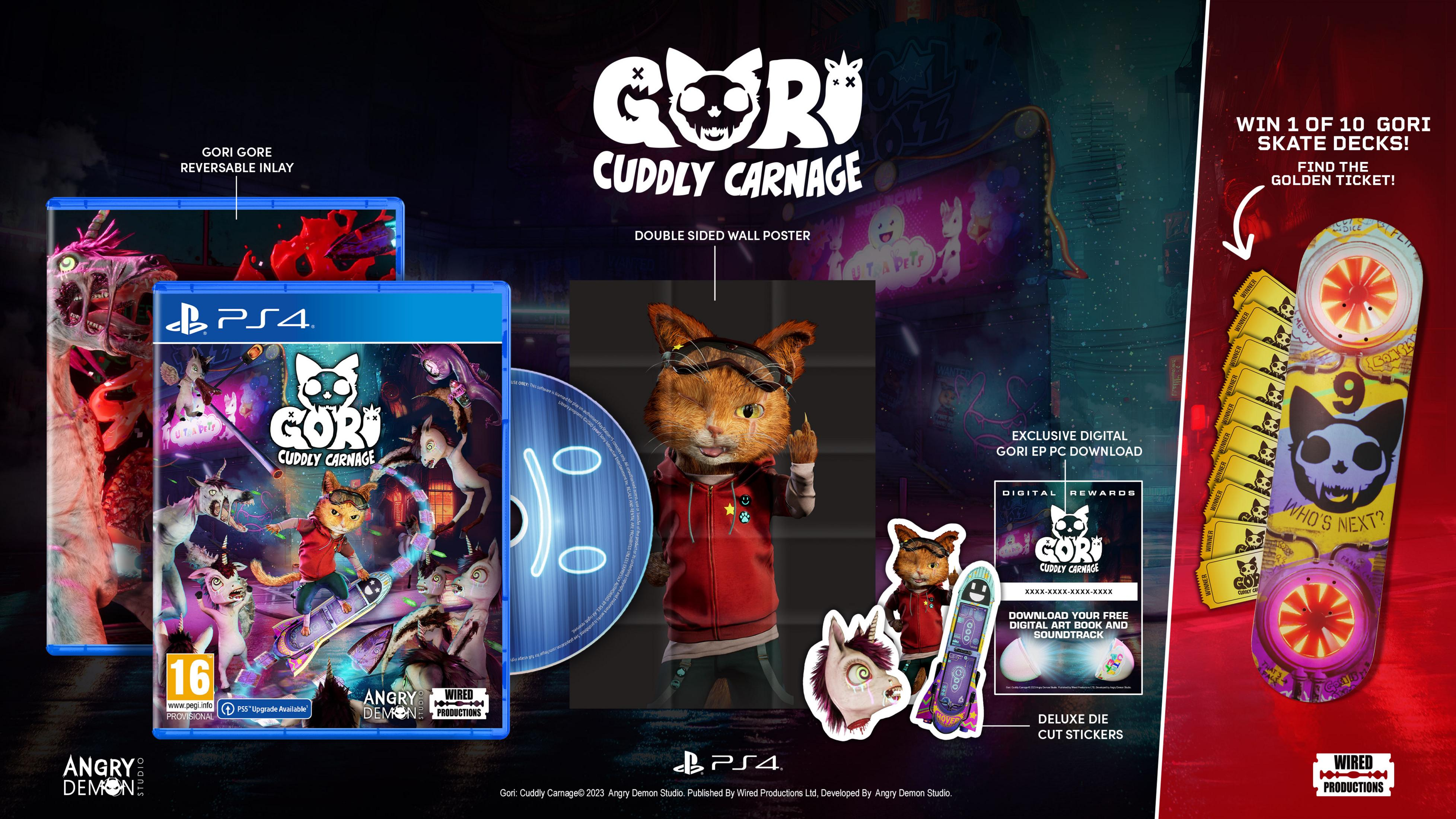 Copertina del gioco Gori Cuddly Carnage con un gatto rosso su skateboard.