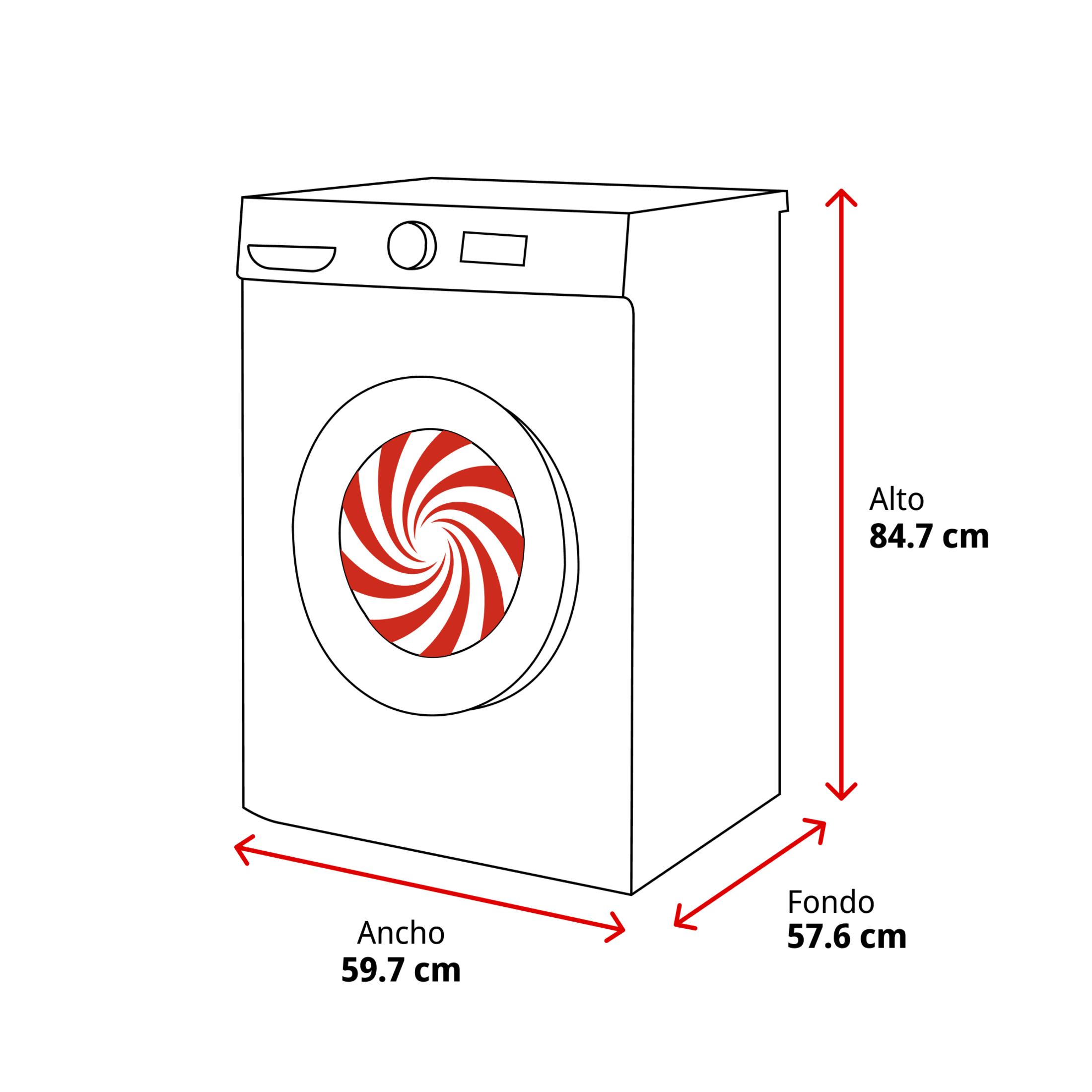 Disegno di una lavatrice con dimensioni: altezza 84.7 cm, larghezza 59.7 cm, profondità 57.6 cm.