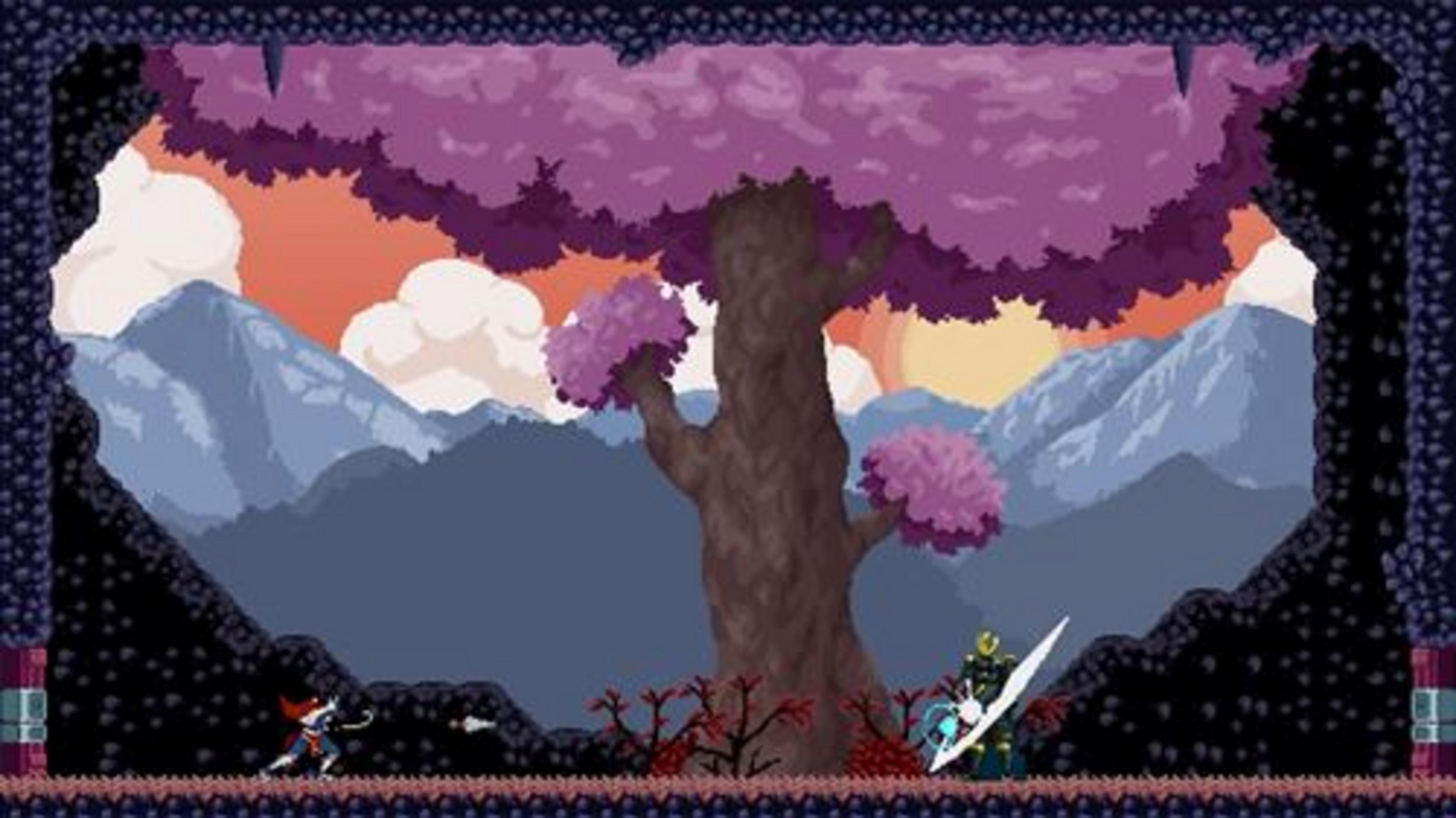 Dos personajes luchan bajo un árbol grande con hojas púrpuras, con montañas al fondo.