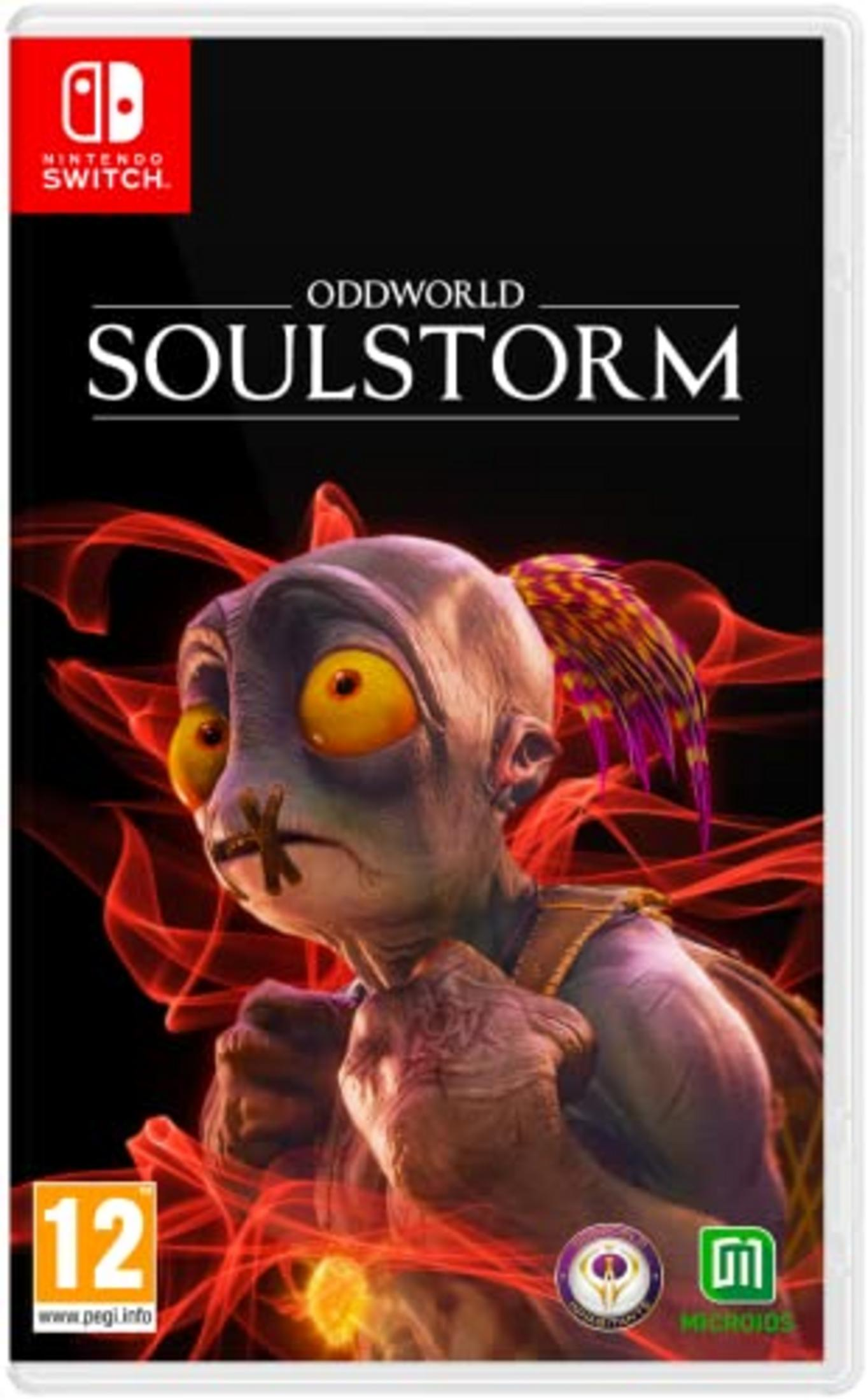 Copertina del gioco Oddworld Soulstorm: Creatura con grandi occhi gialli e bocca cucita, fumo rosso.
