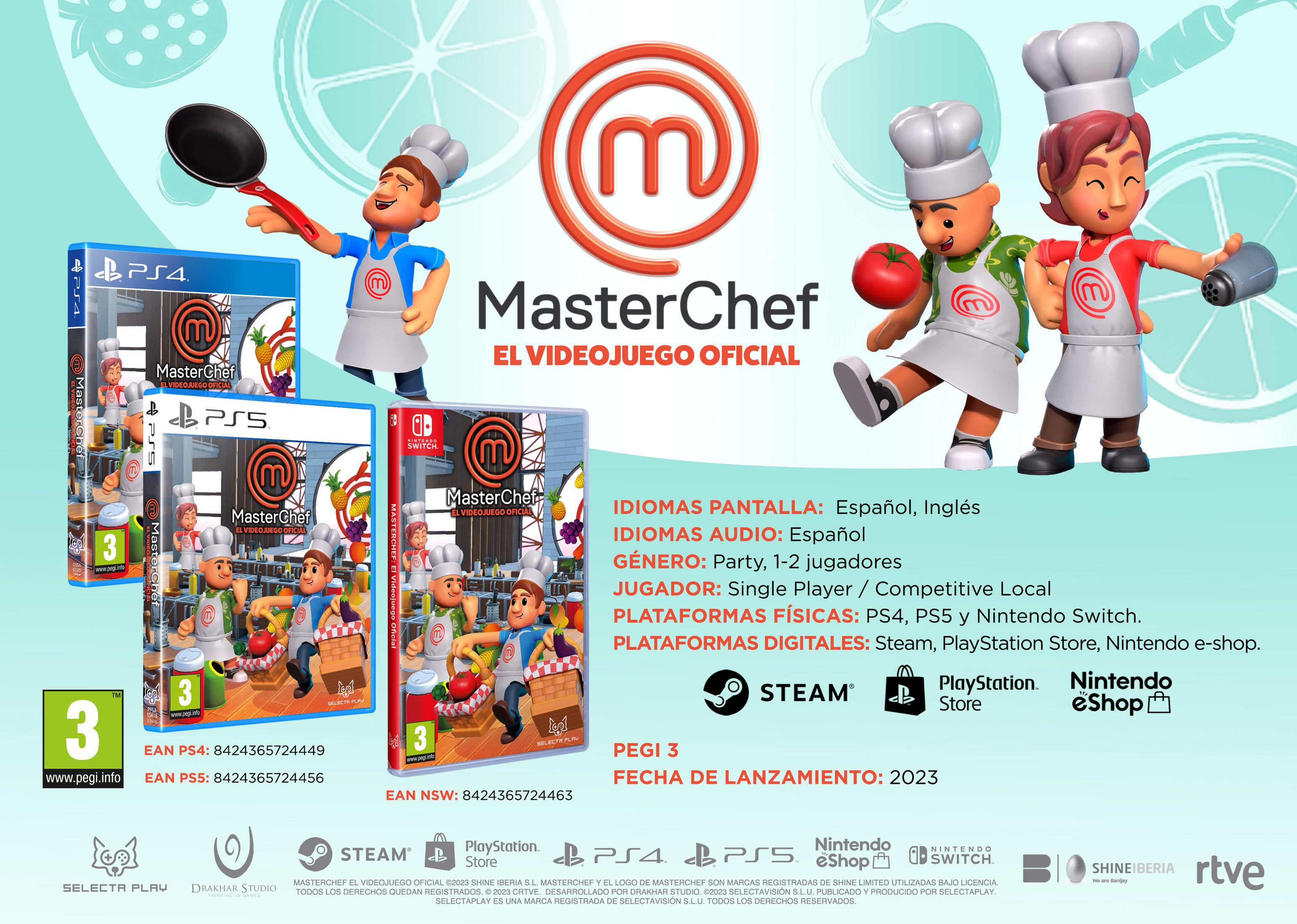 Cajas de juegos para PS4, PS5, Switch y personajes de MasterChef.
