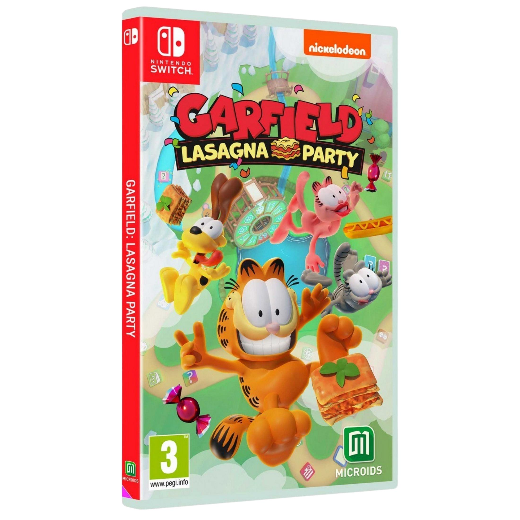 Portada del juego Garfield Lasagna Party para Nintendo Switch con Garfield, Odie, Nermal y Arlene.