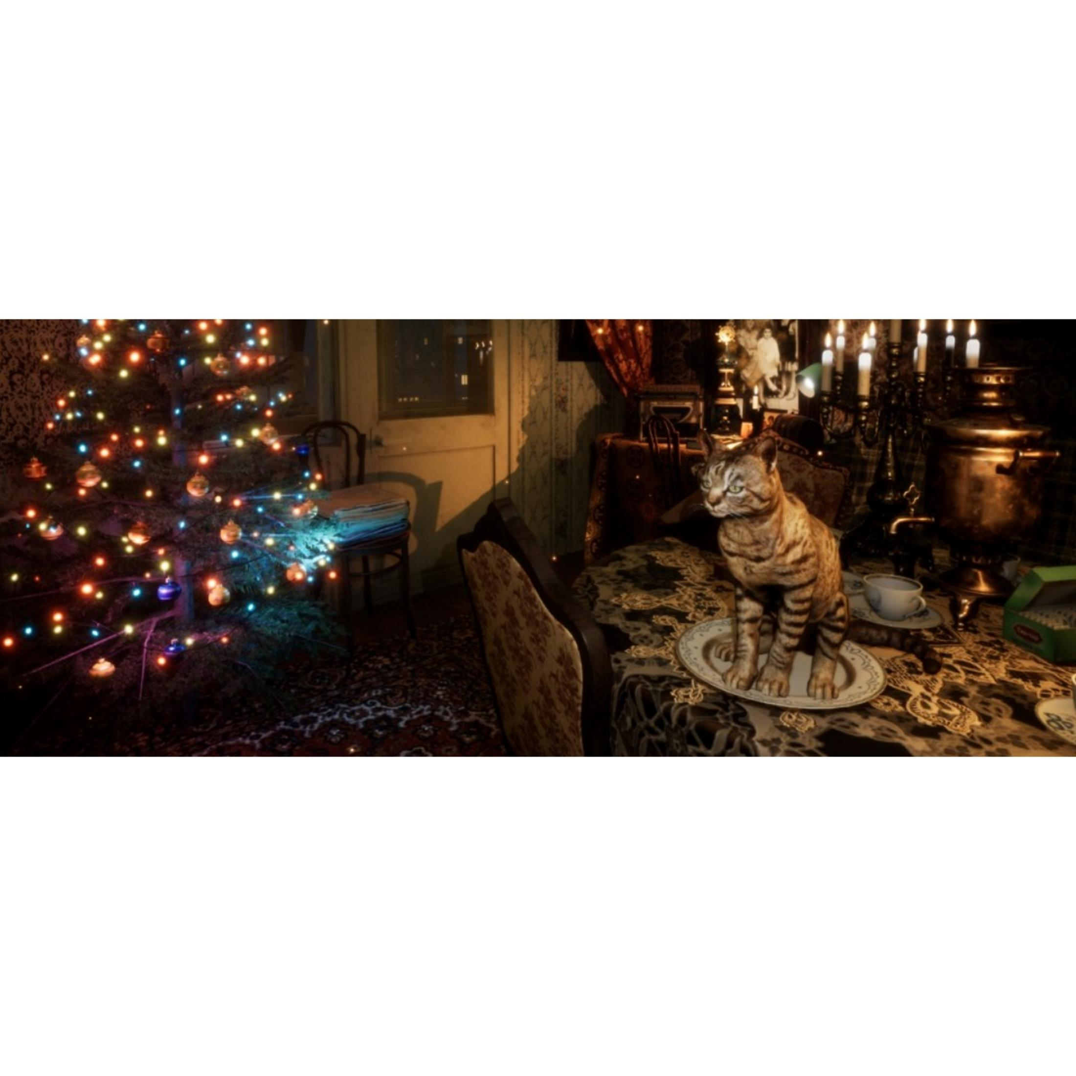 Un gatto tigrato seduto su un piatto vicino a un samovar e candele. Un albero di Natale è a sinistra.