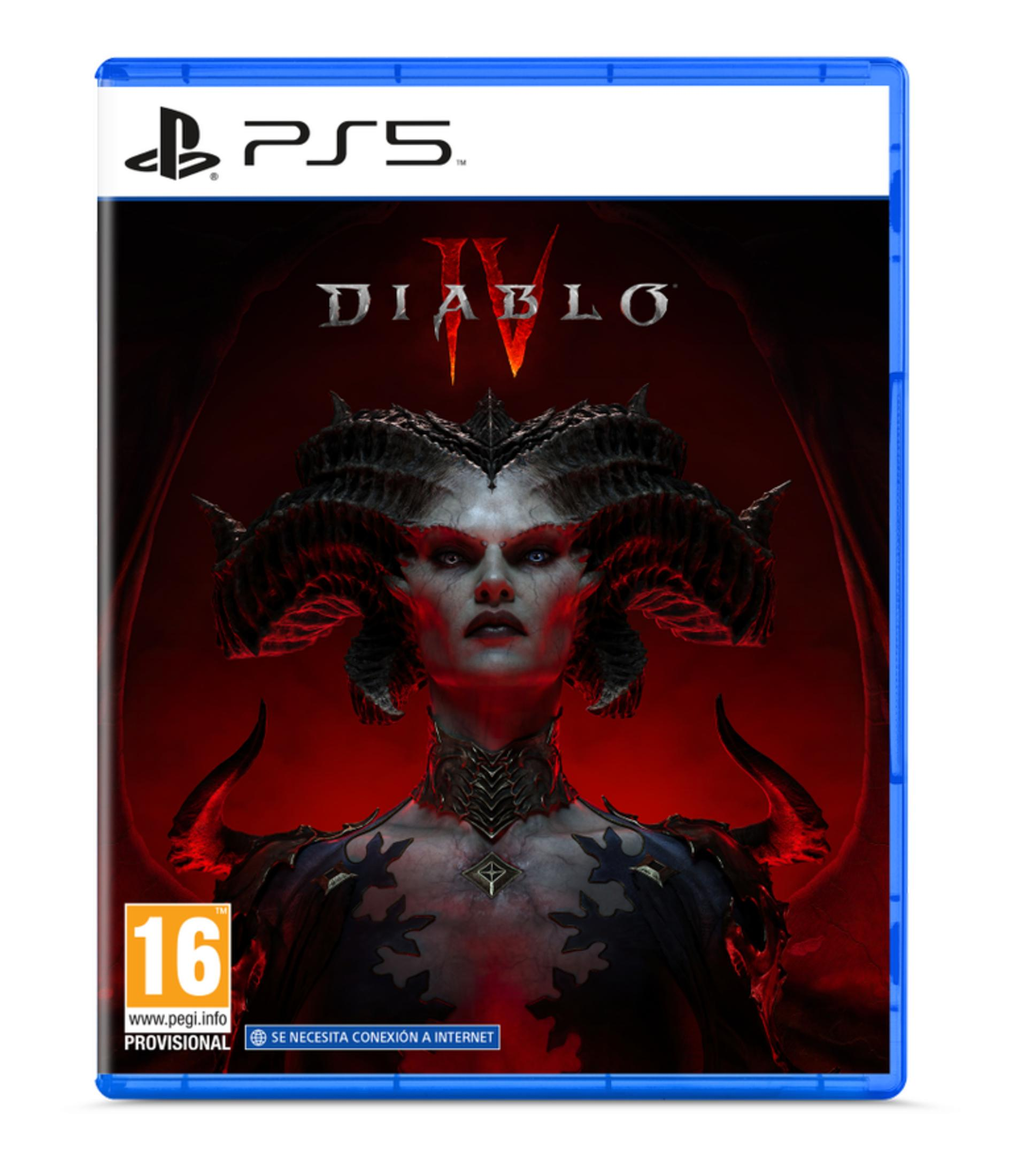 Caja de PS5 de Diablo IV con figura demoníaca y fondo rojo.