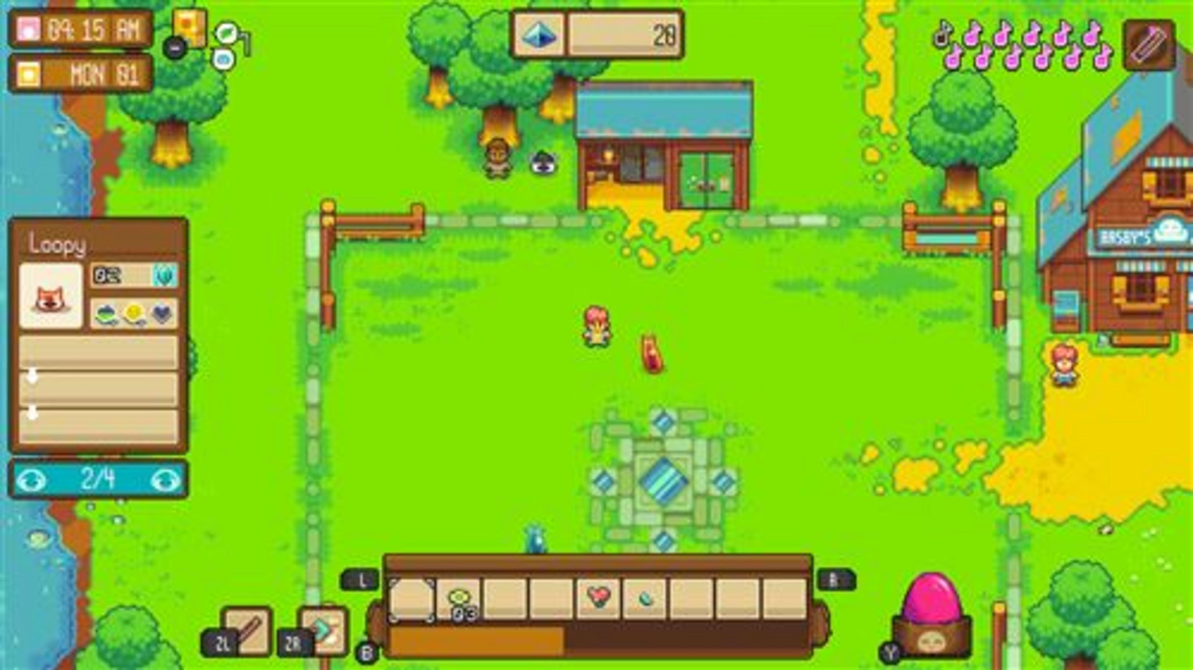 Scena di gioco in pixel art con personaggi, edifici, alberi ed elementi UI.