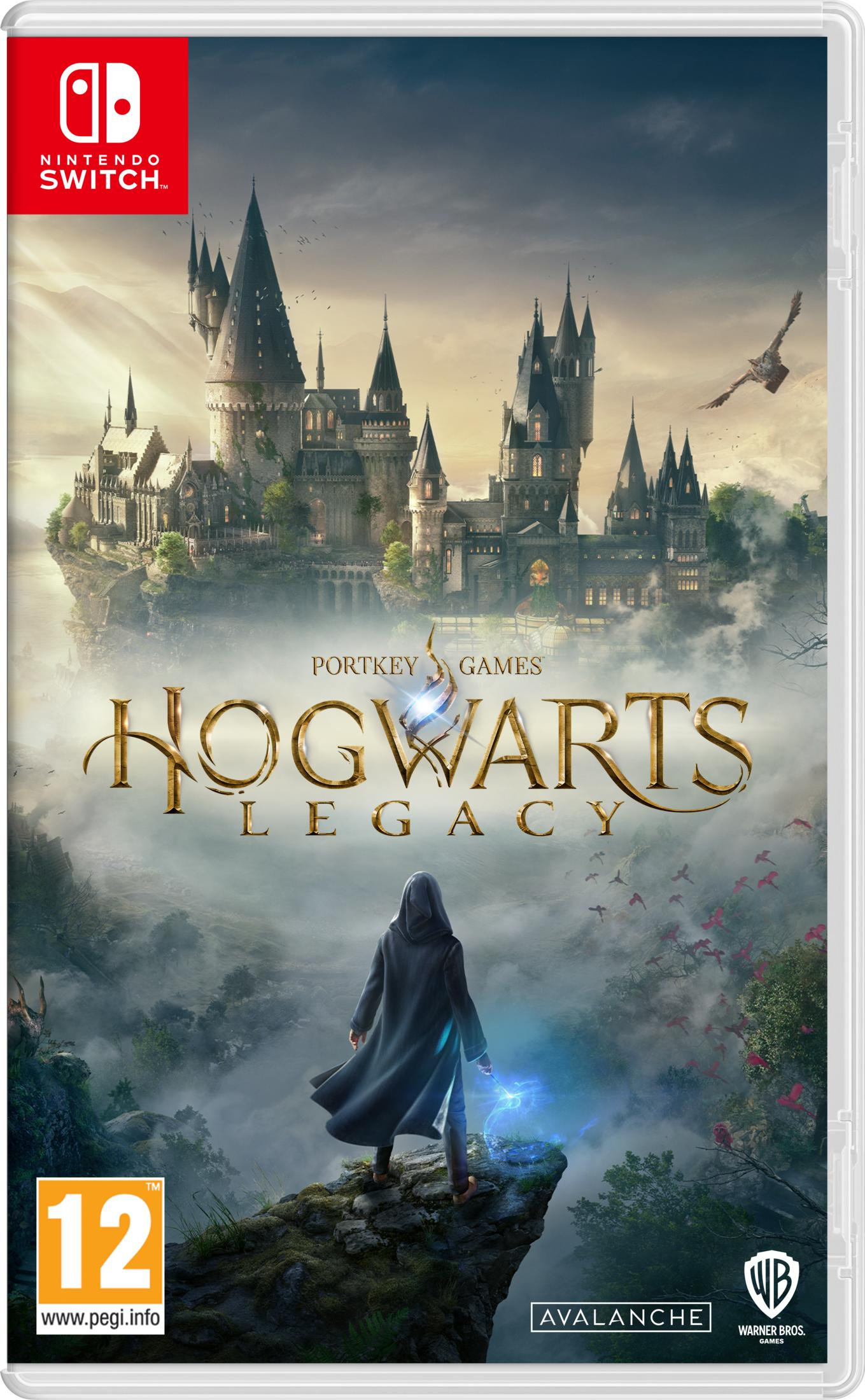 Copertina di Hogwarts Legacy con mago, castello e logo Nintendo Switch.