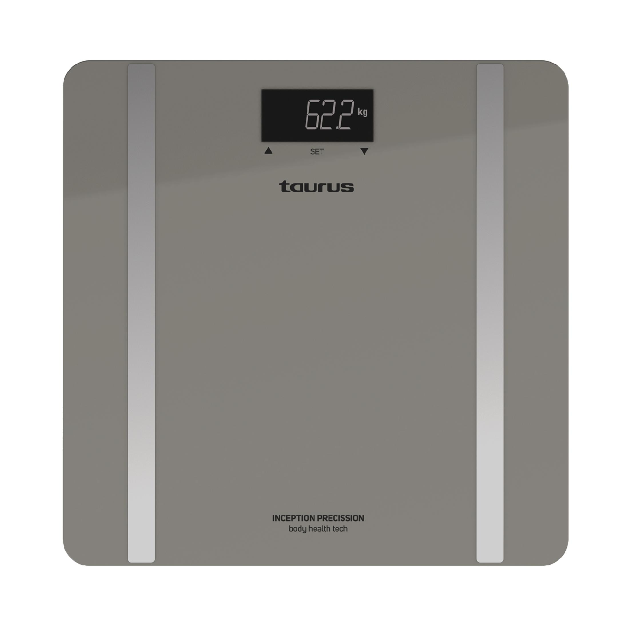 Grijze digitale weegschaal met 62,2 kg weergave, Taurus logo en inscriptie.