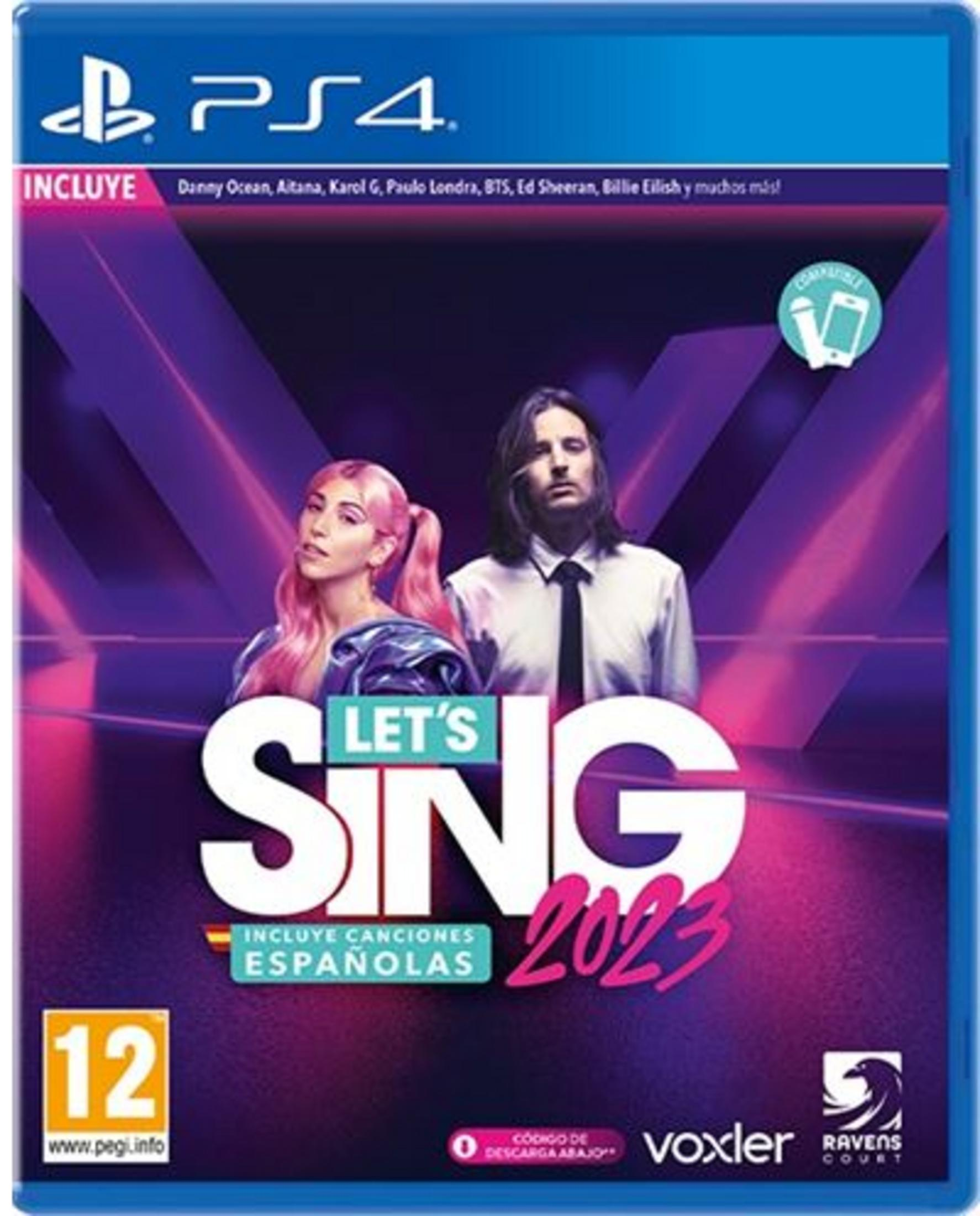 Copertina gioco PS4: Let's Sing 2023 presenta due cantanti, una con capelli rosa. Include canzoni spagnole.