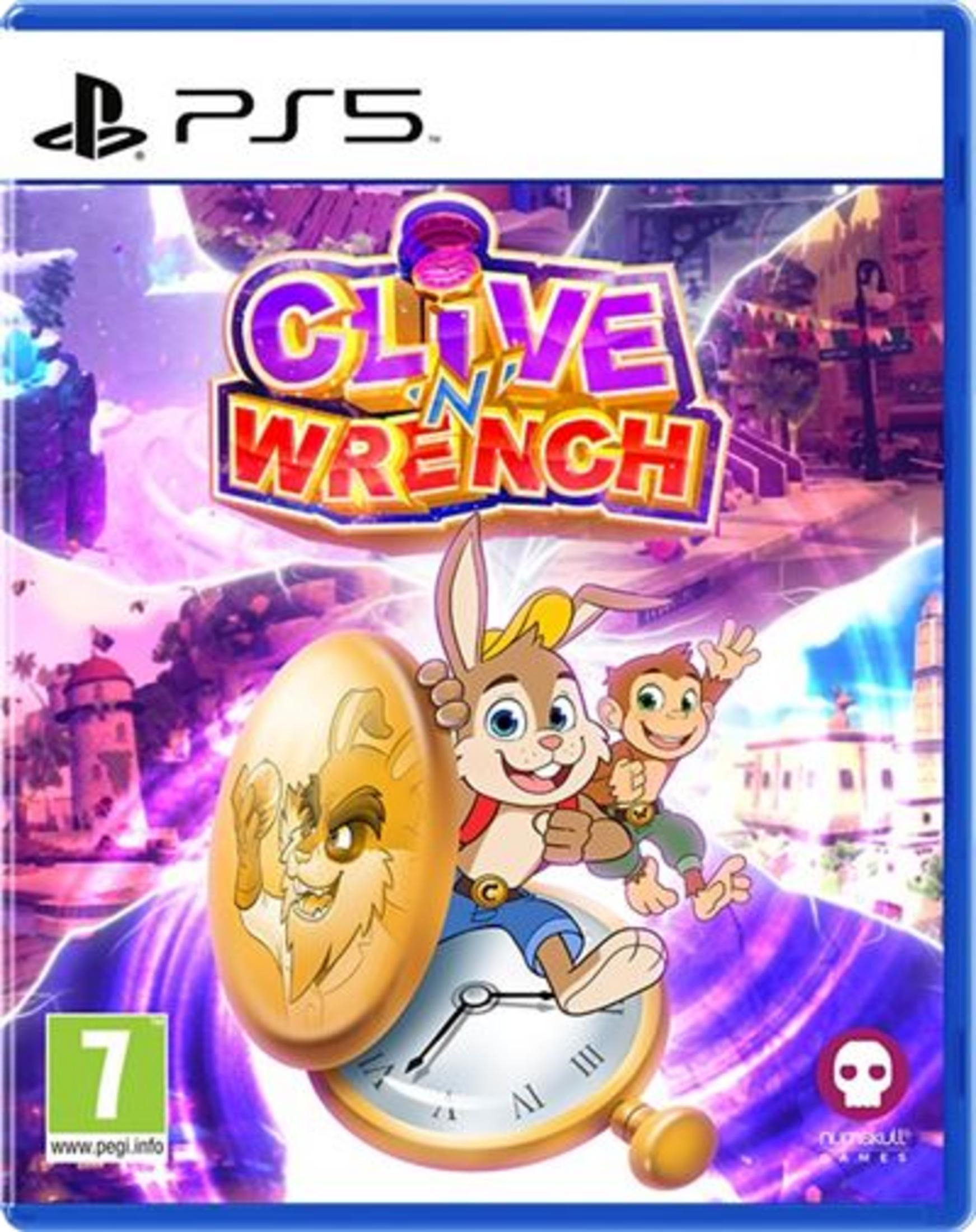 Portada de juego PS5 con un conejo y mono frente a una escena urbana con reloj.