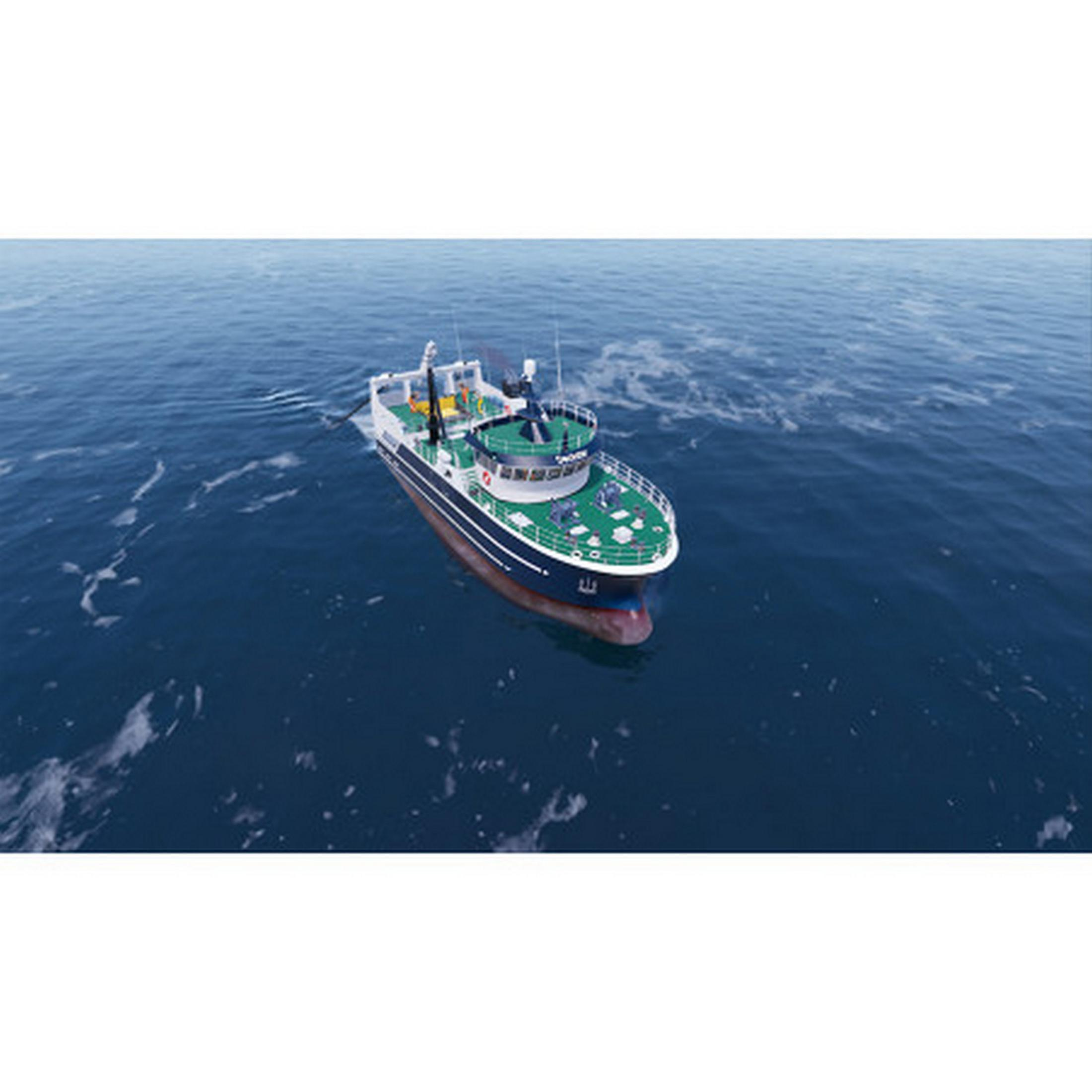 Niebiesko-biały trawler rybacki płynie po błękitnej wodzie ze śladami piany.