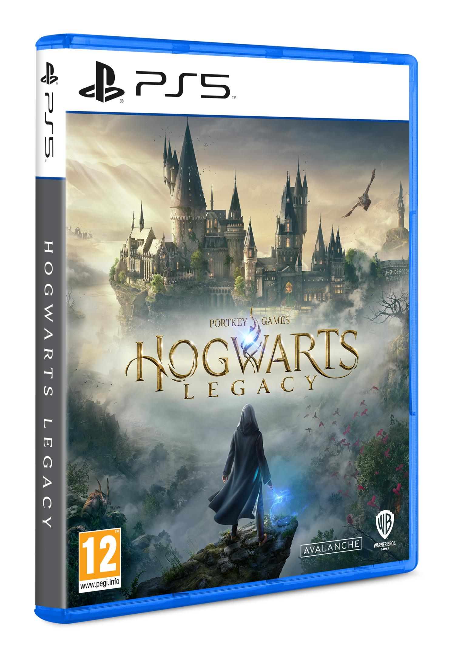 Copertina del gioco Hogwarts Legacy PS5. Una figura lancia magia davanti al castello.