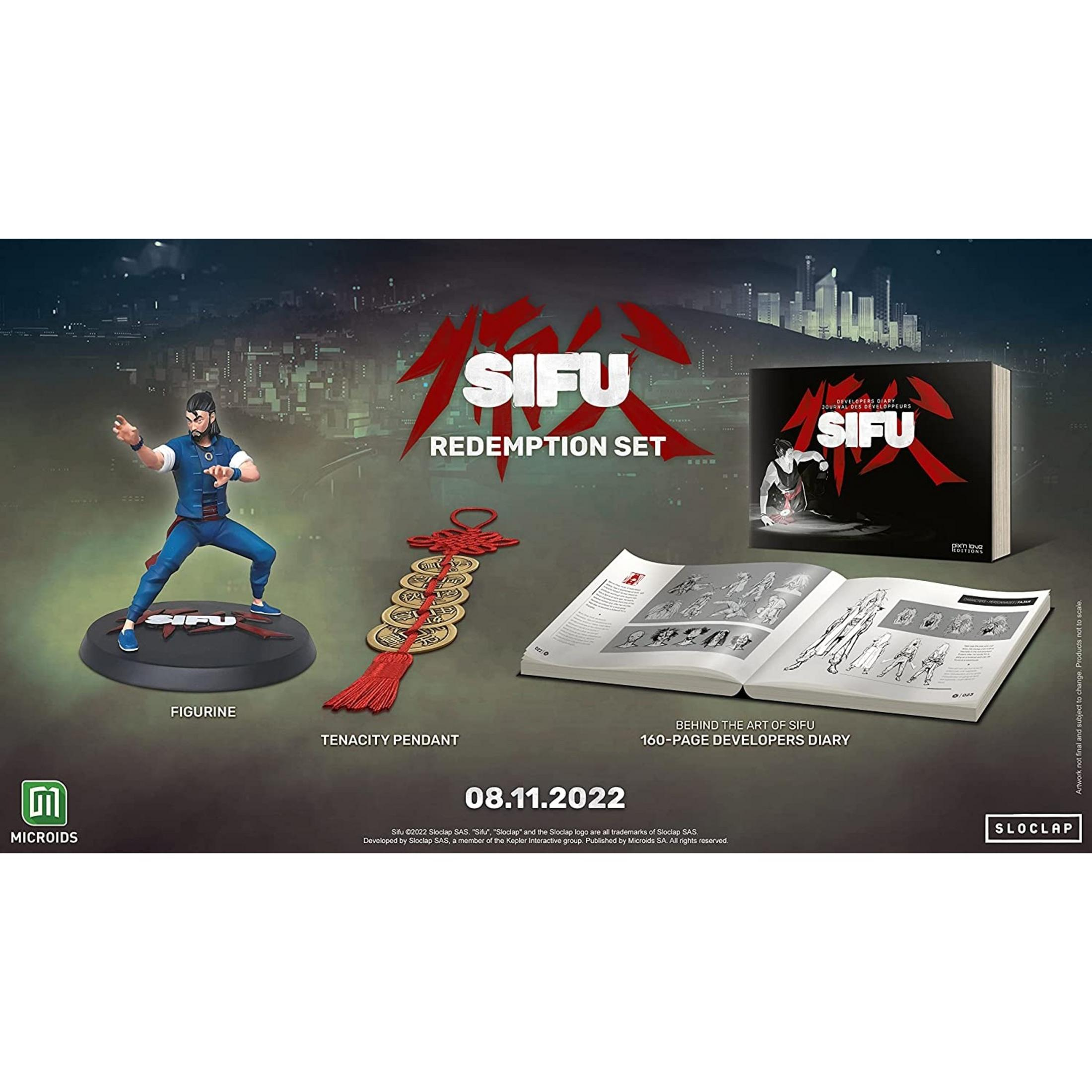 Set Redenzione Sifu: Statuetta, ciondolo, diario degli sviluppatori e sfondo cittadino.