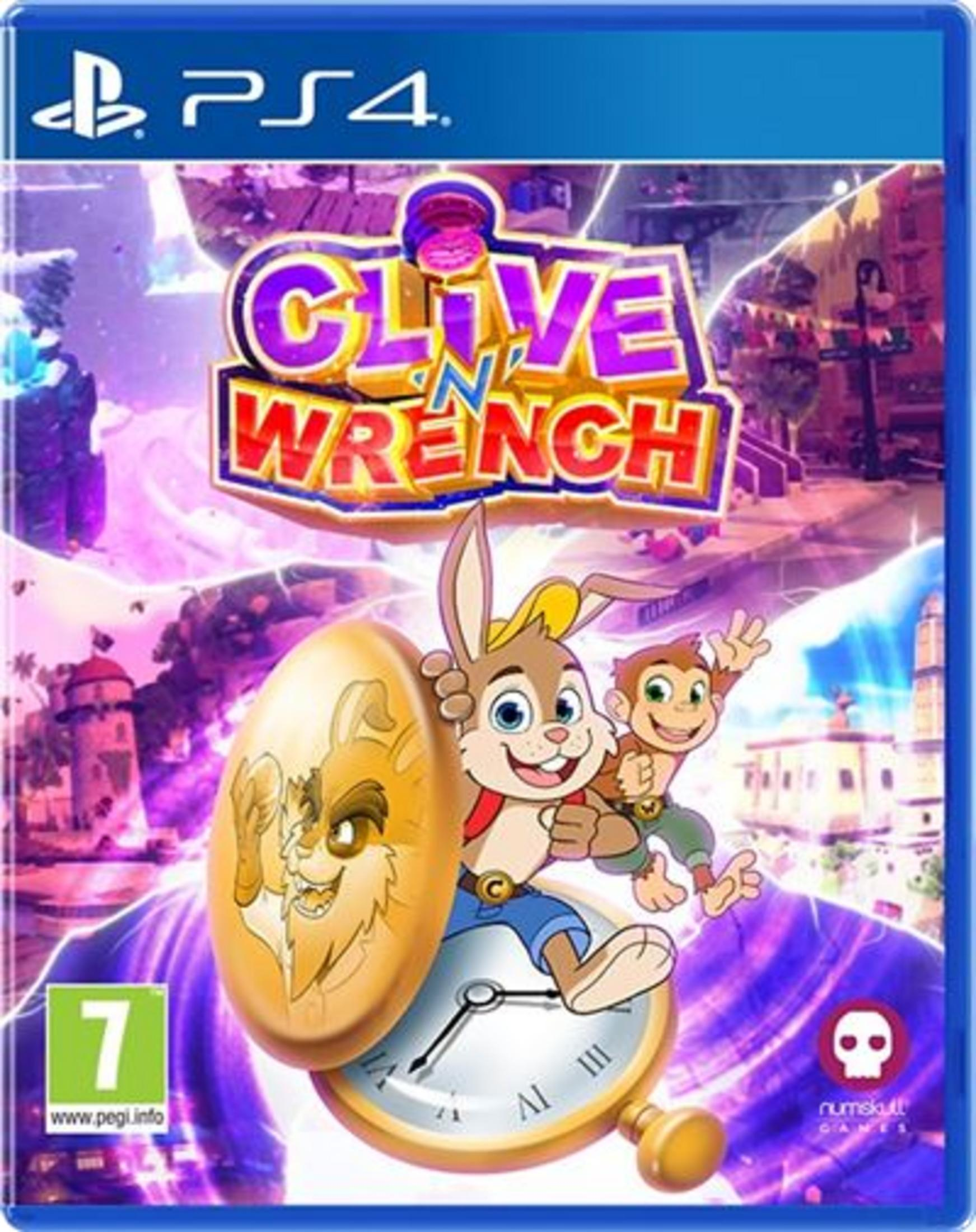 Portada de juego PS4 con conejo y mono en un reloj, título "Clive N Wrench".