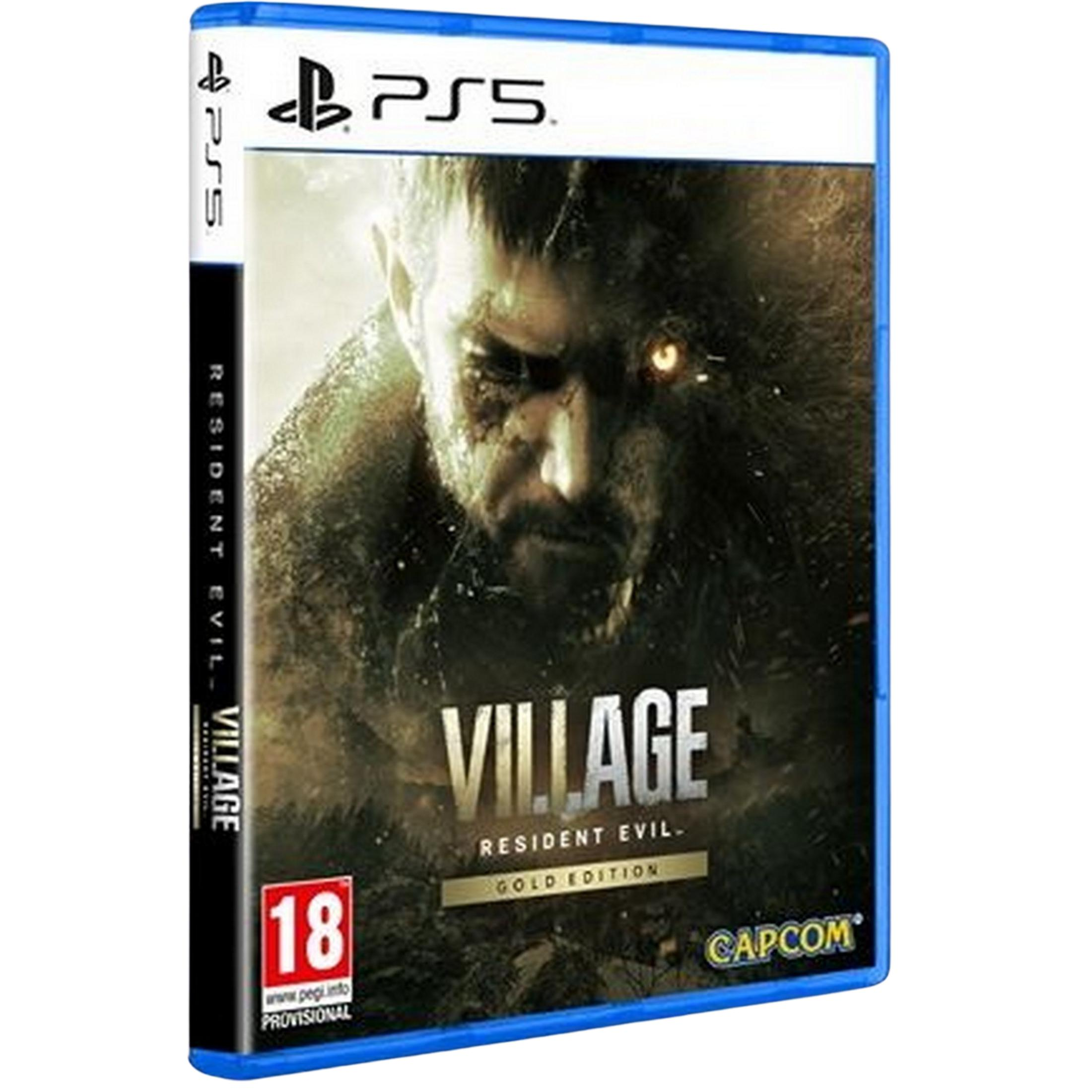 Custodia gioco PS5 per Resident Evil Village Gold Edition, con figura oscura.