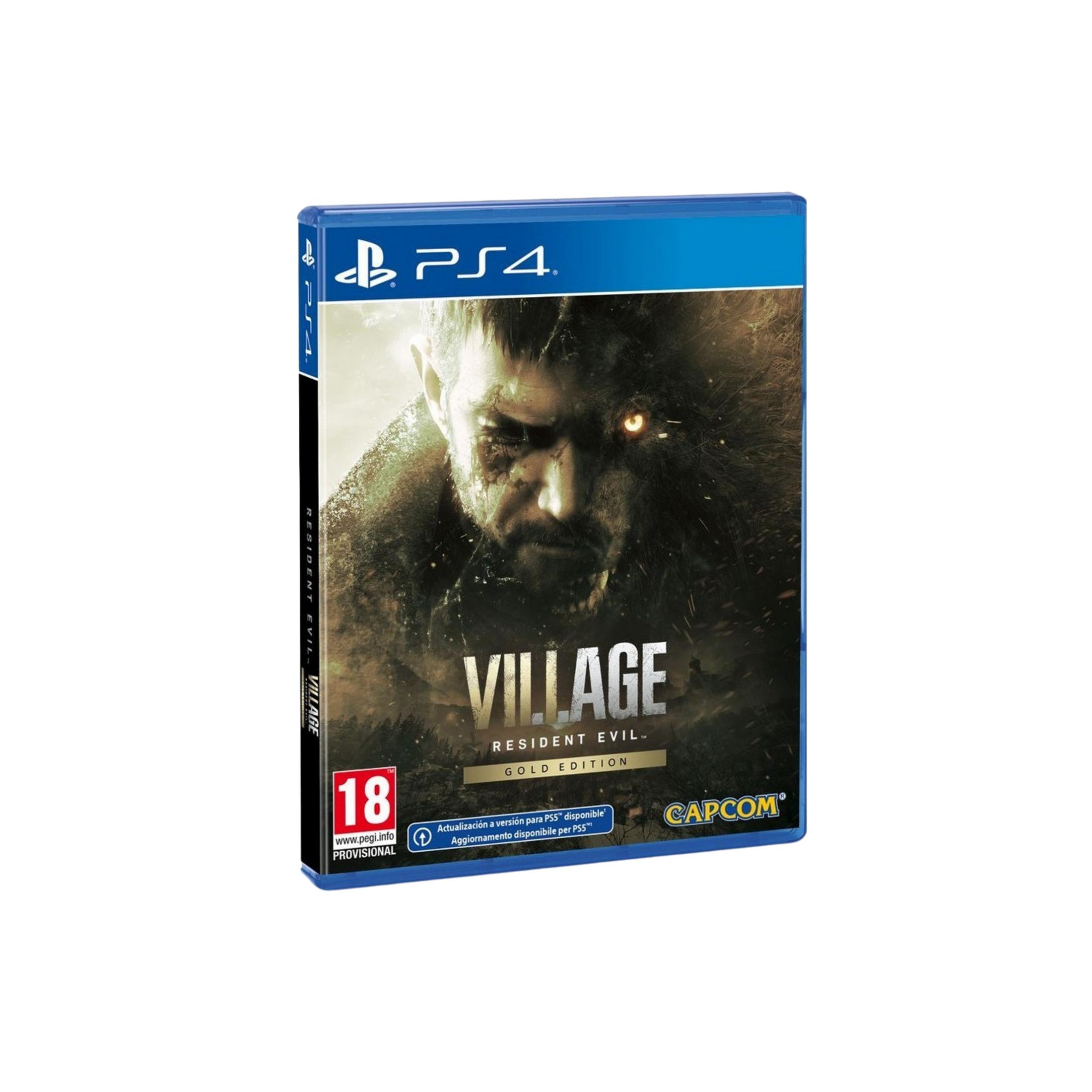 Custodia PS4: Resident Evil Village Gold Edition con uomo e lupo spaventosi.