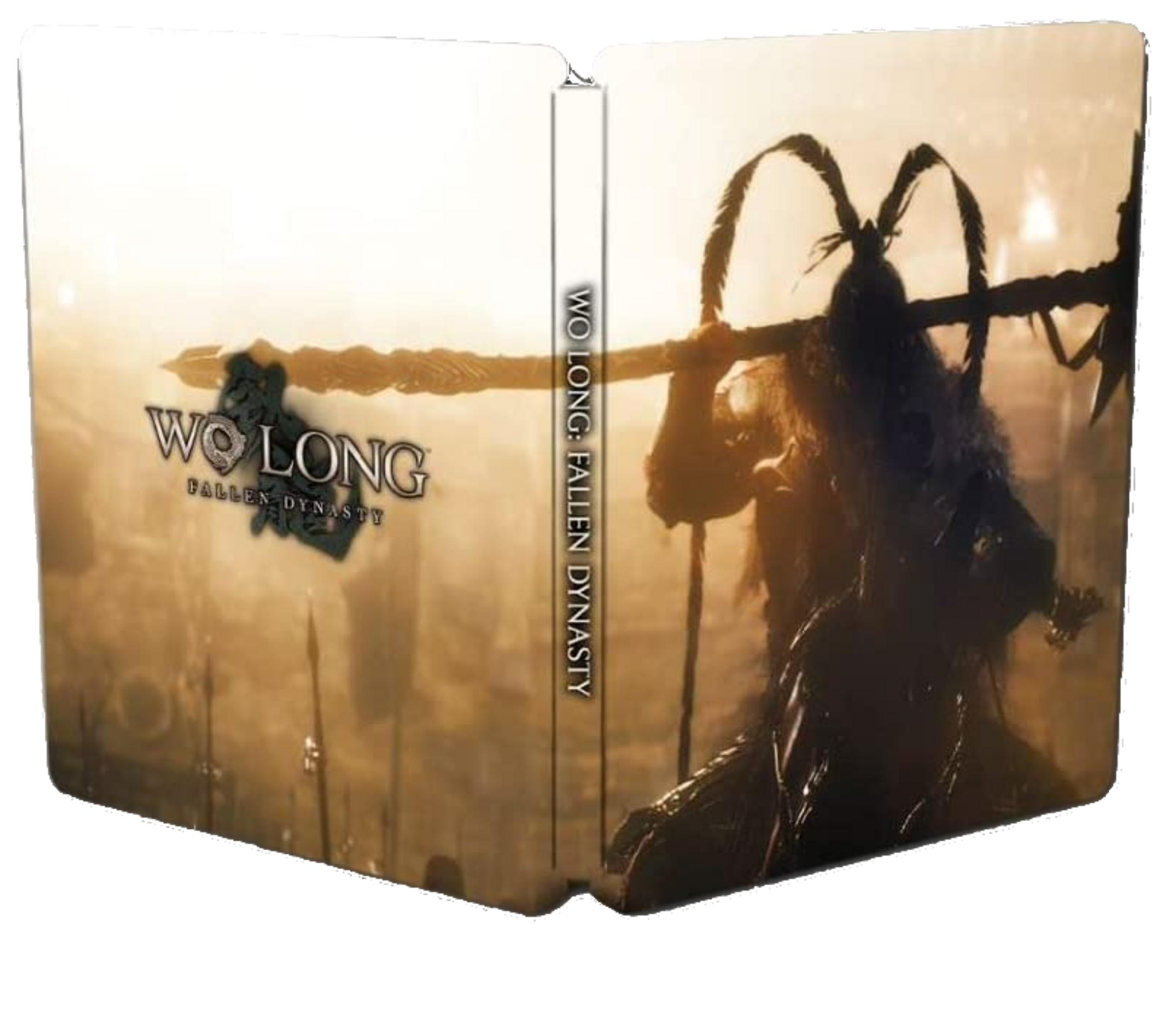 Steelbook di Wolong: Fallen Dynasty. Un guerriero con copricapo piumato impugna un'alabarda.