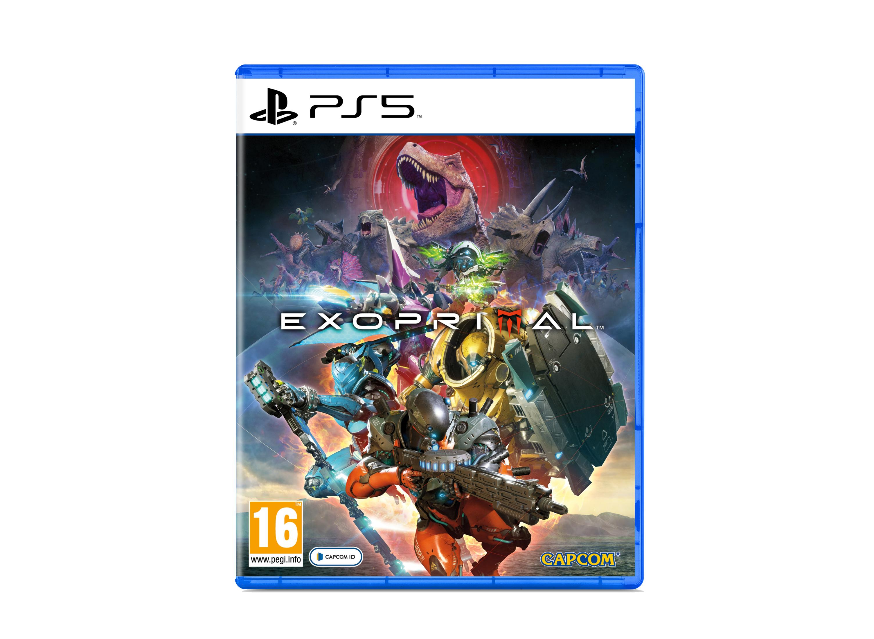 Portada del juego Exoprimal PS5 con dinosaurios y guerreros cyborg.