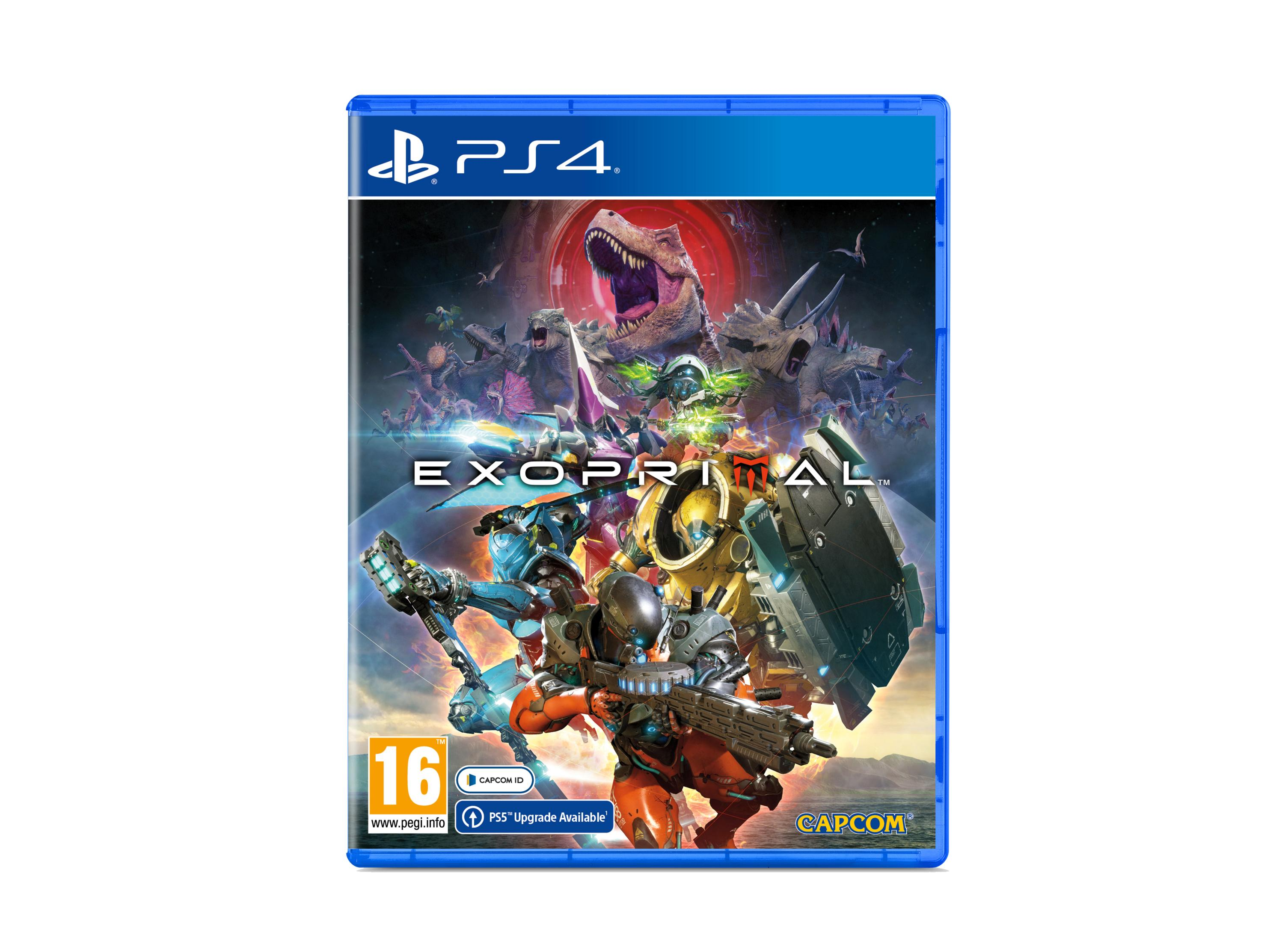 Copertina del gioco Exoprimal PS4 con dinosauri e robot in combattimento.
