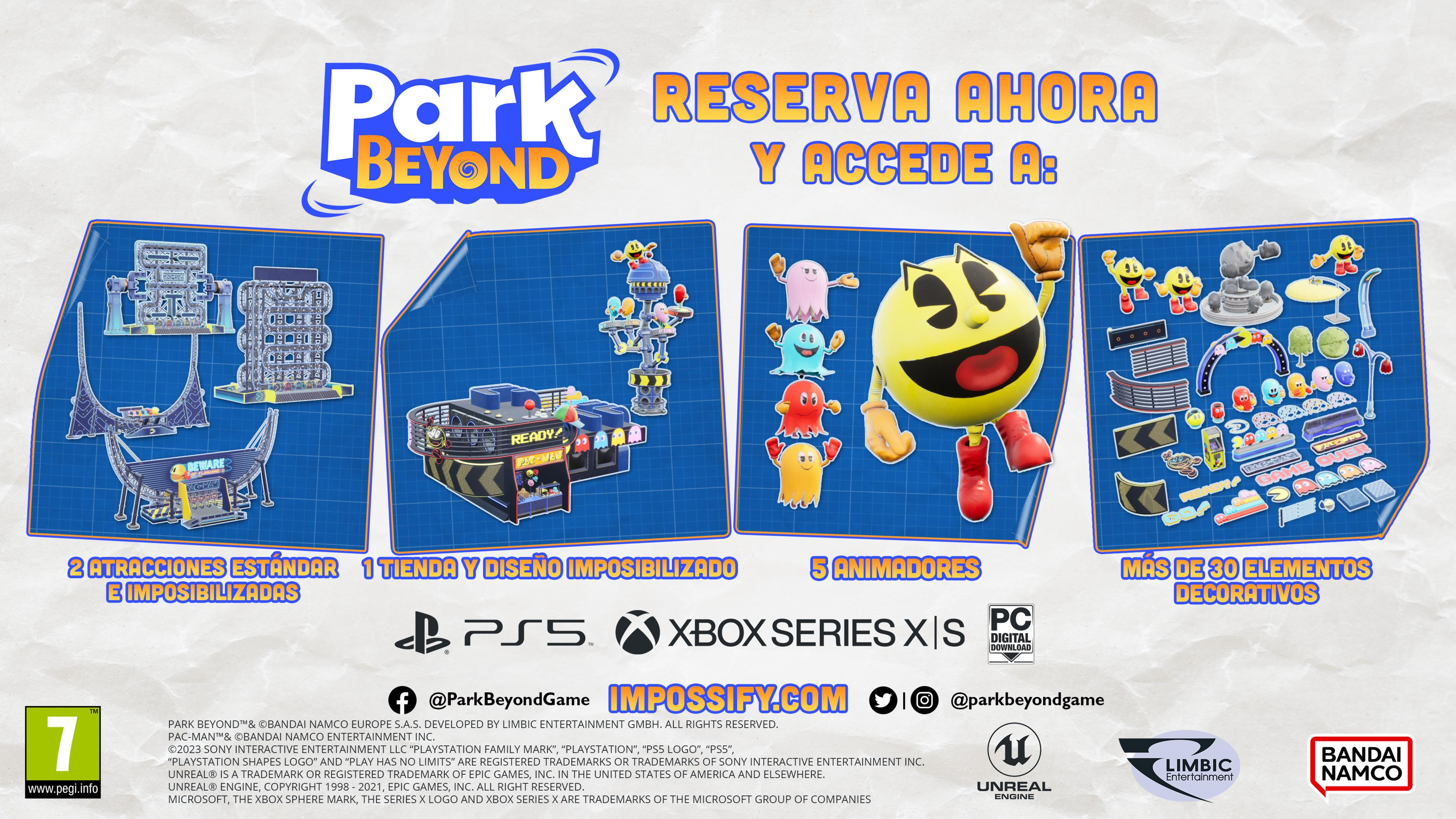 Park Beyond: Diseños de montaña rusa, personajes de Pac-Man, tienda y elementos.