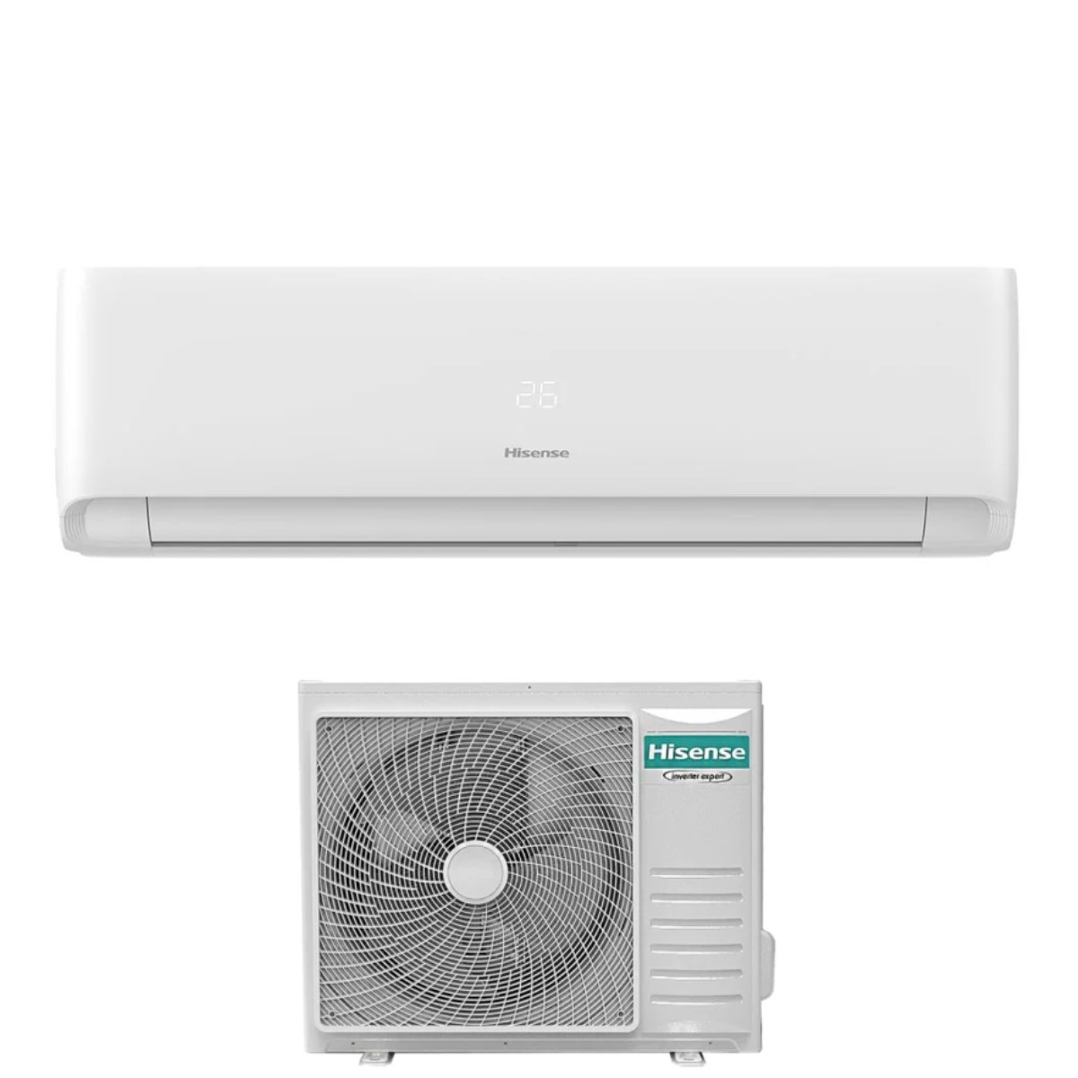 Unità interna condizionatore Hisense bianco sopra unità esterna con ventola.