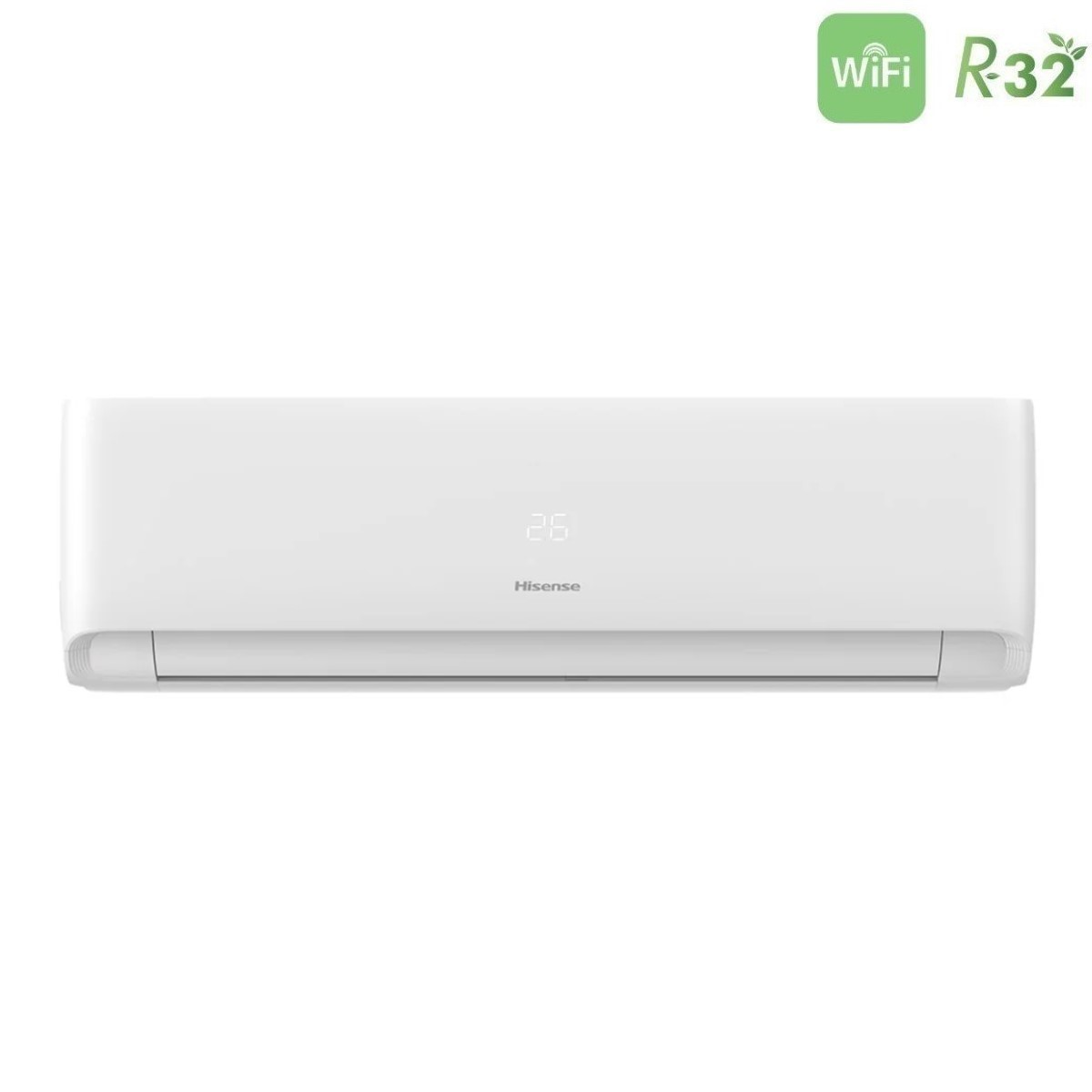 Condizionatore Hisense bianco con display digitale 26. Icone Wifi e R32.