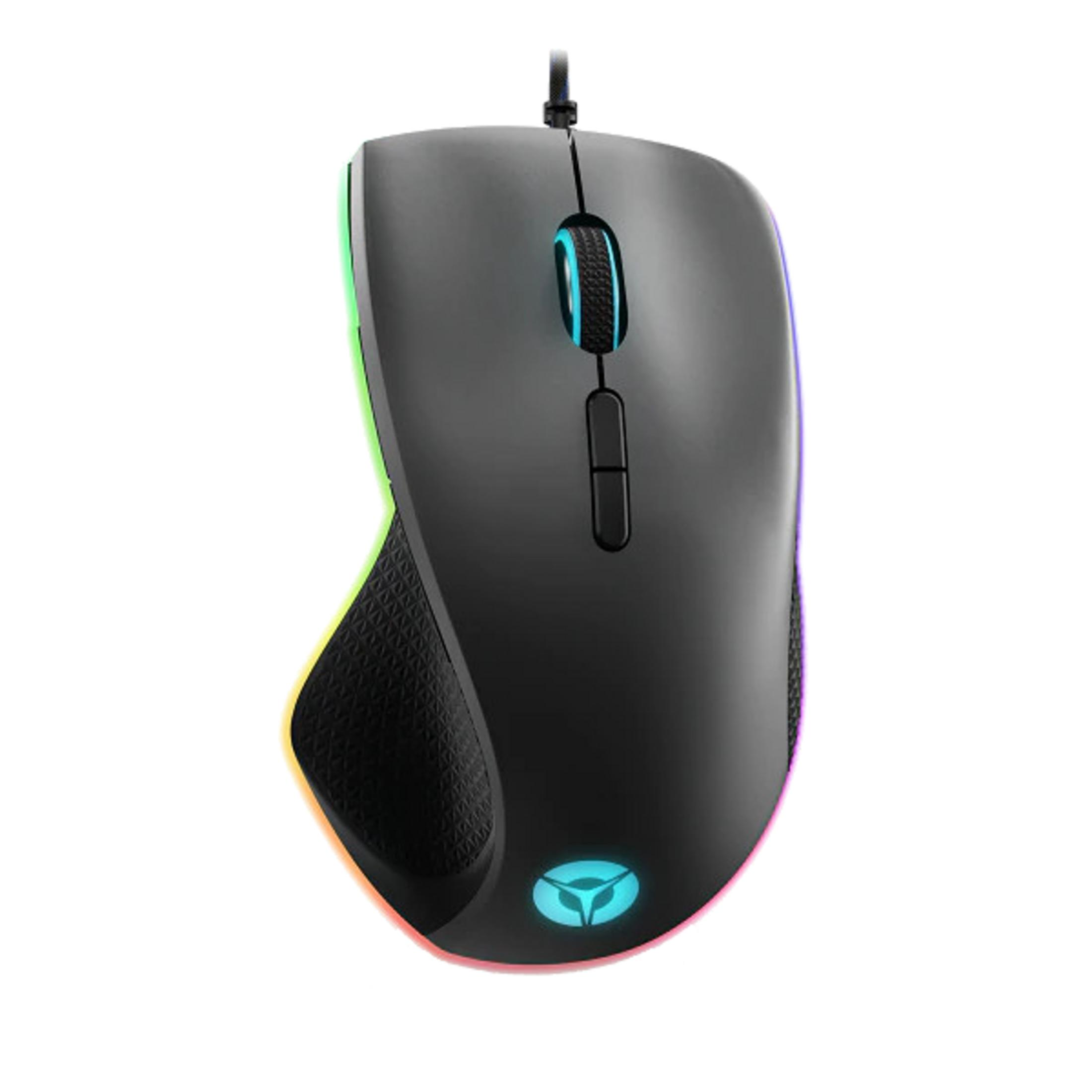 Un mouse da gaming nero con illuminazione RGB e logo blu.