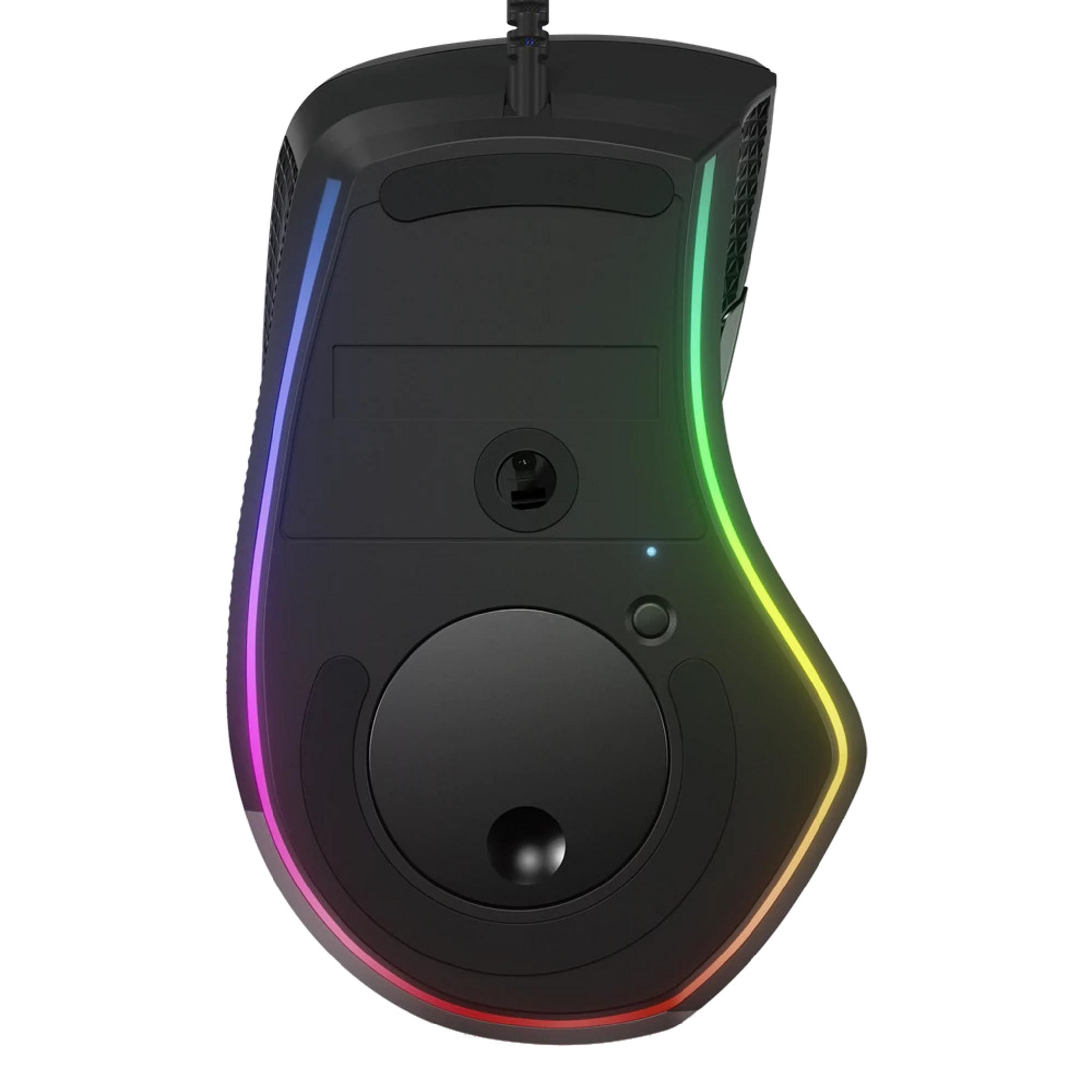 Parte inferiore di un mouse da gaming nero con illuminazione RGB e sensori.