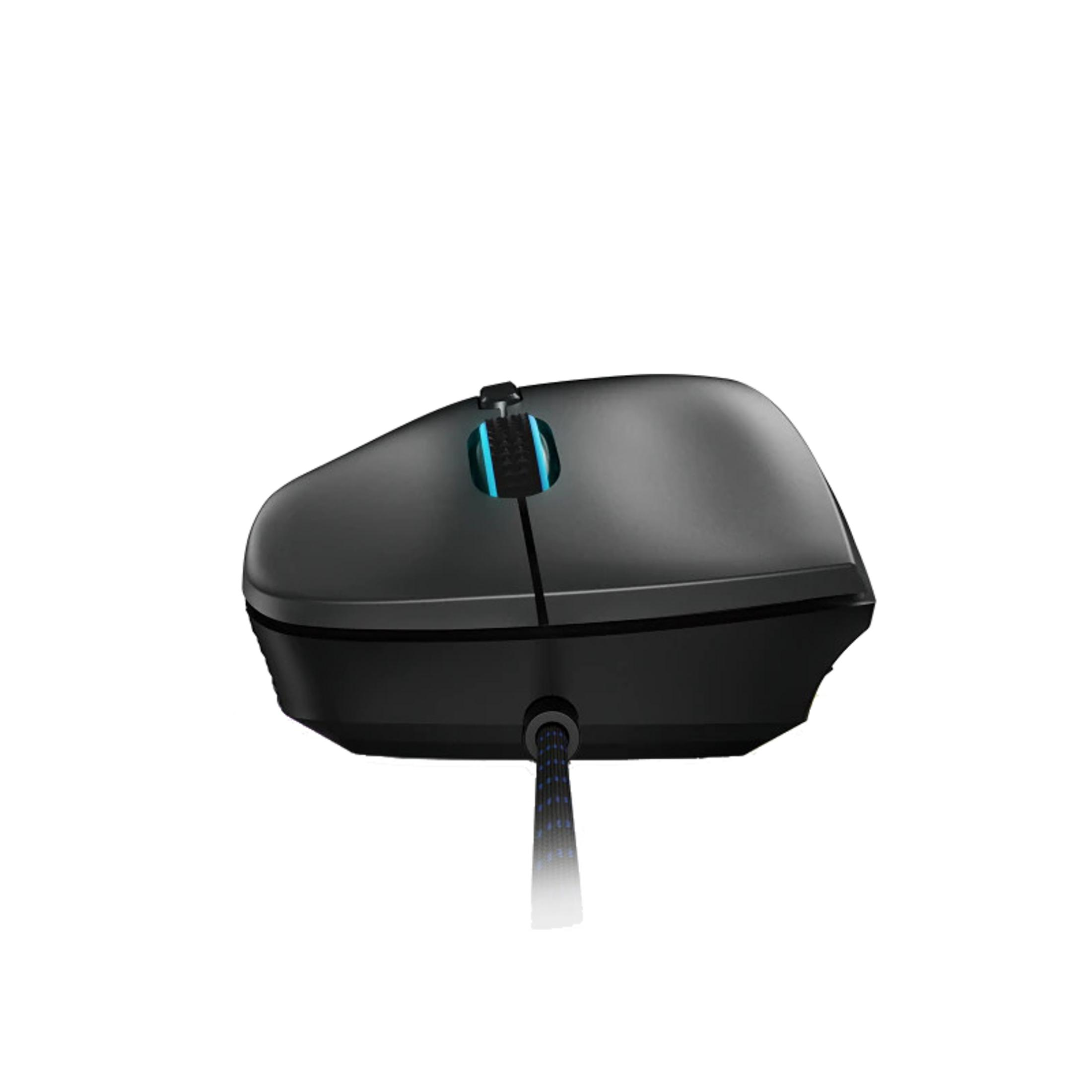 Mouse nero con rotella di scorrimento illuminata di blu e cavo intrecciato.