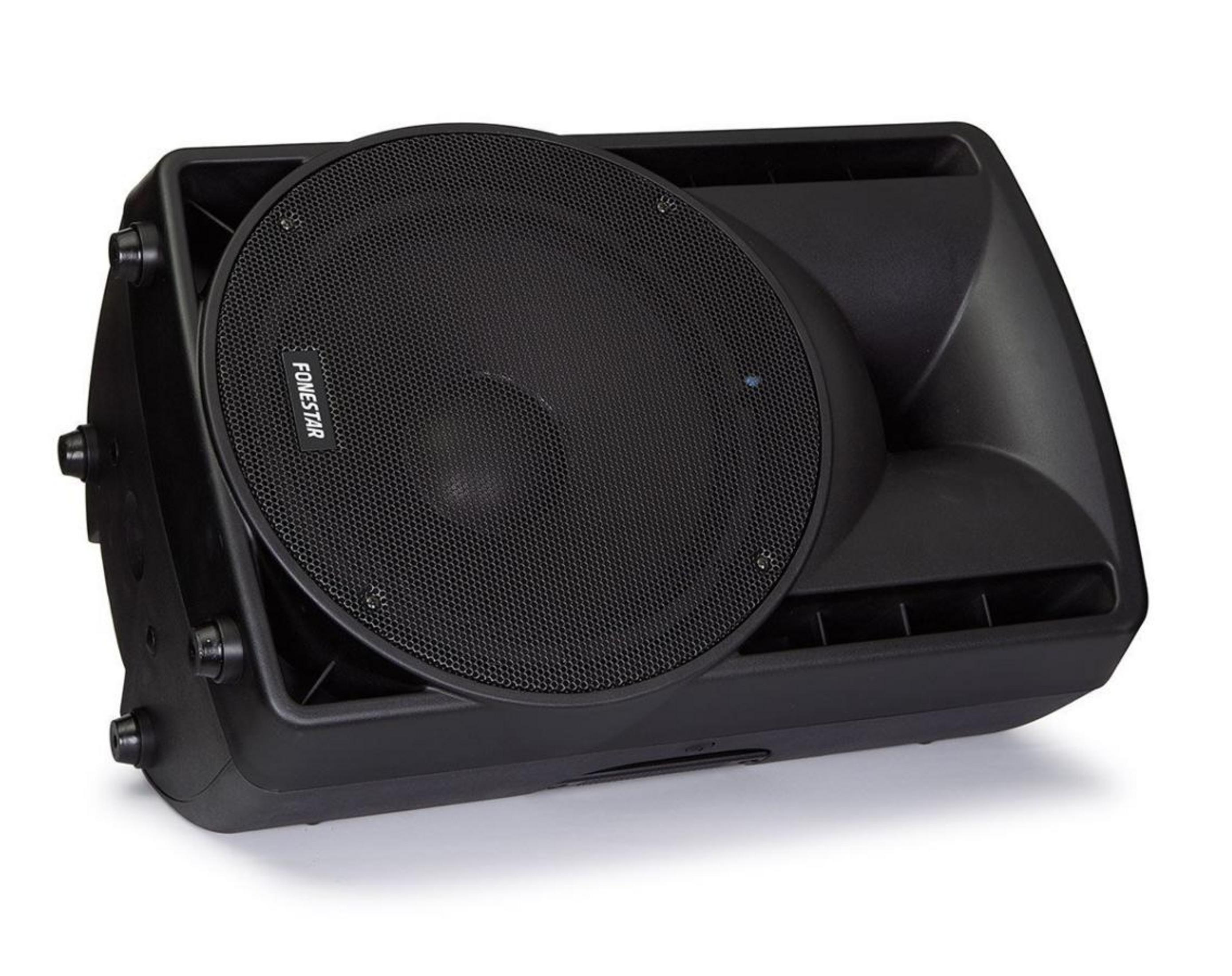 Un altavoz negro con rejilla redonda y el nombre de la marca FONESTAR.