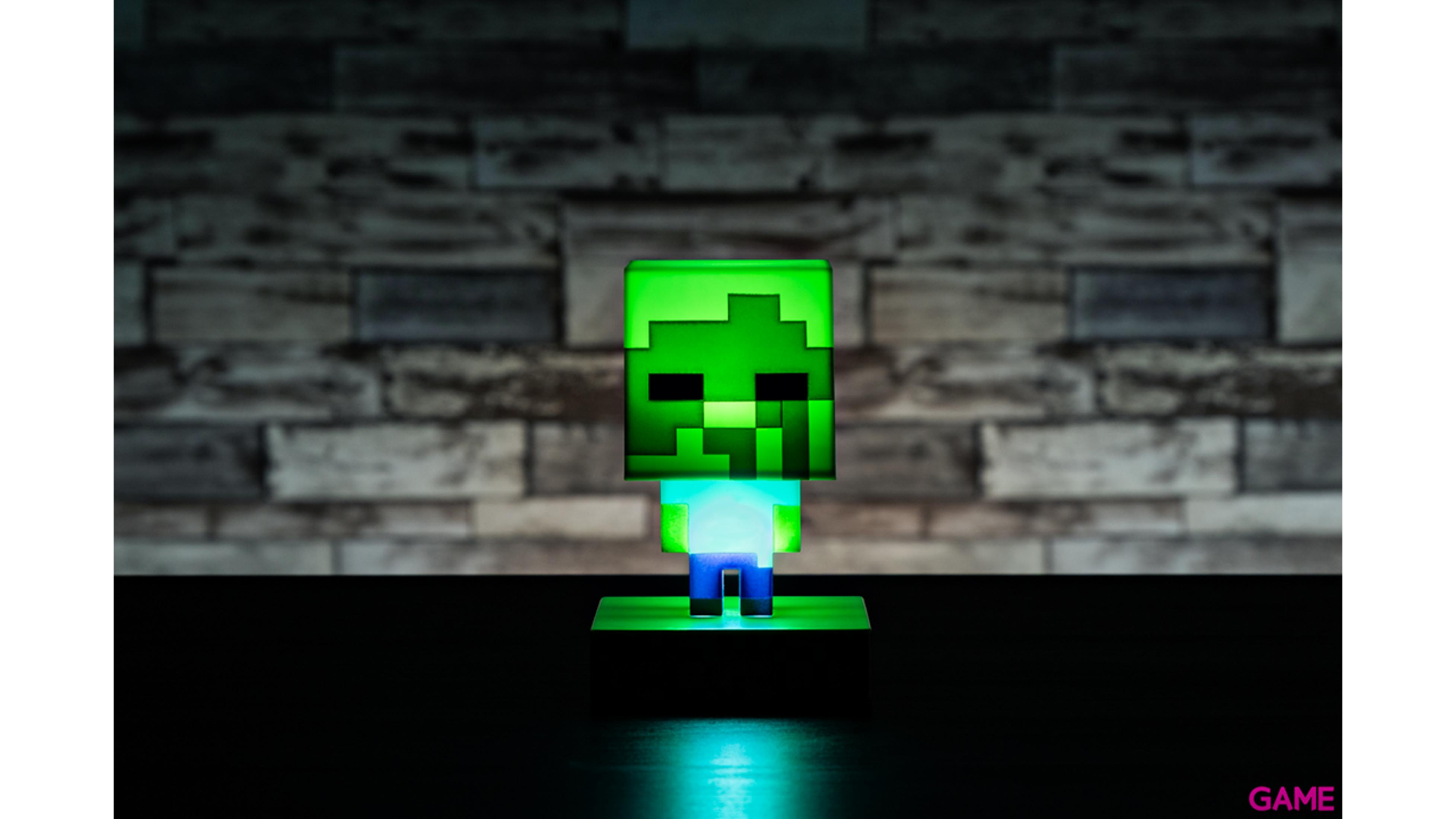 Grüner Minecraft Creeper mit Lichtern auf schwarzem Hintergrund.