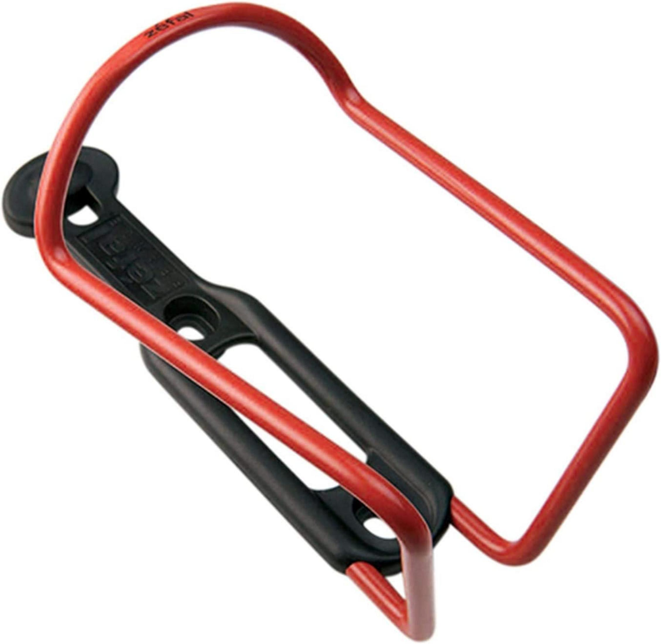 Ein roter Fahrradflaschenhalter aus Metall mit schwarzem Kunststoffsockel.