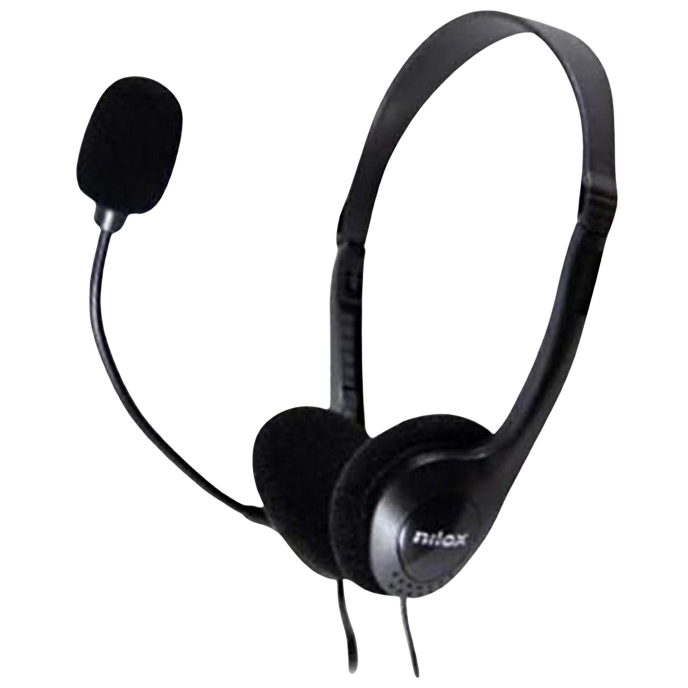 Un auricolare nero con microfono e paraorecchie imbottiti. Visibile il marchio 'nilox'.